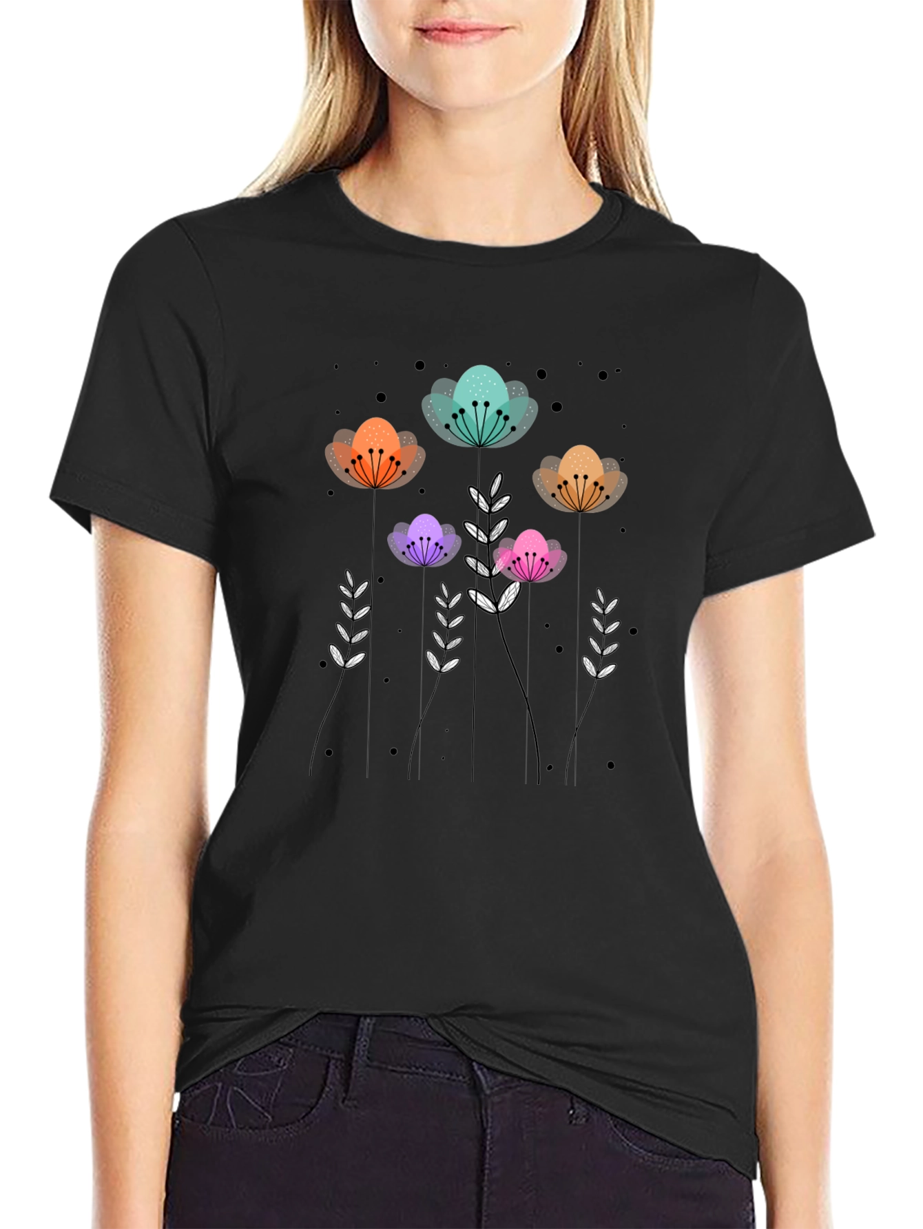 Floral Print Black T-Shirt - Unique Design
