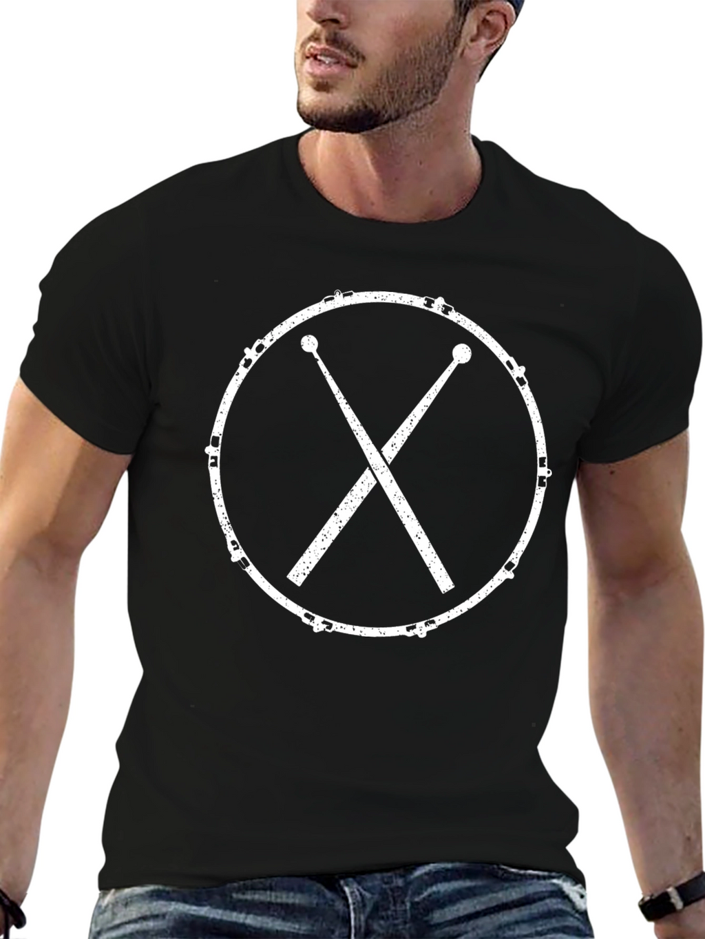 Drum Kit Graphic Tee - Black Crew Neck T-Shirt