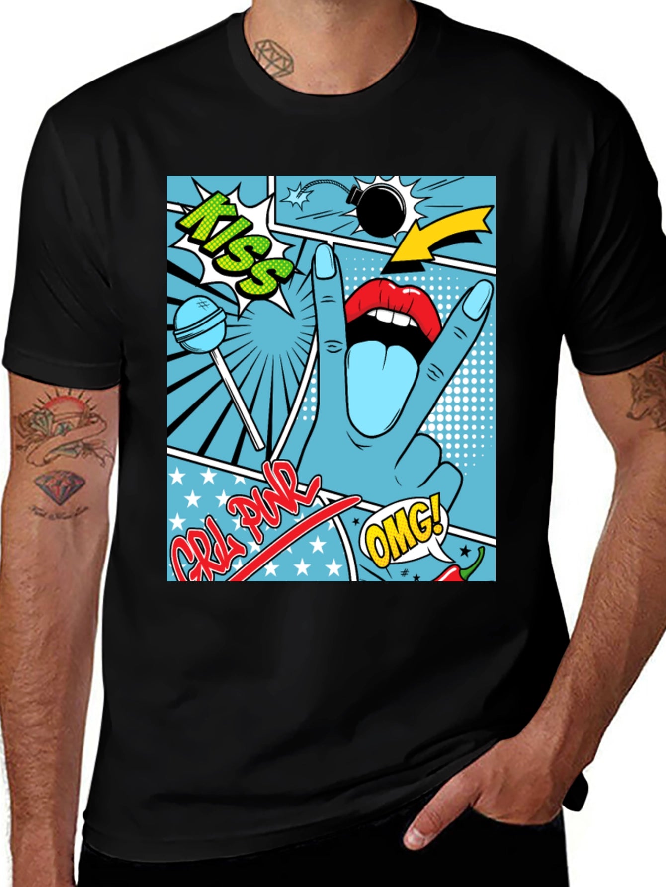 Pop Art Graphic Print Mens Black T-Shirt