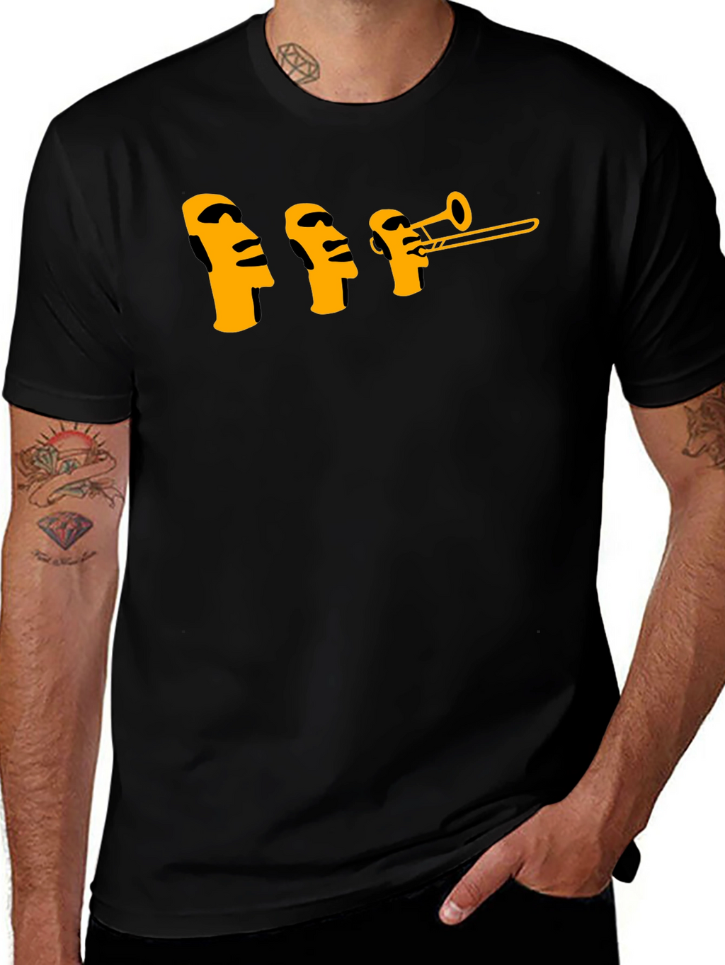 Moai Trombone Mens Black Graphic T-Shirt