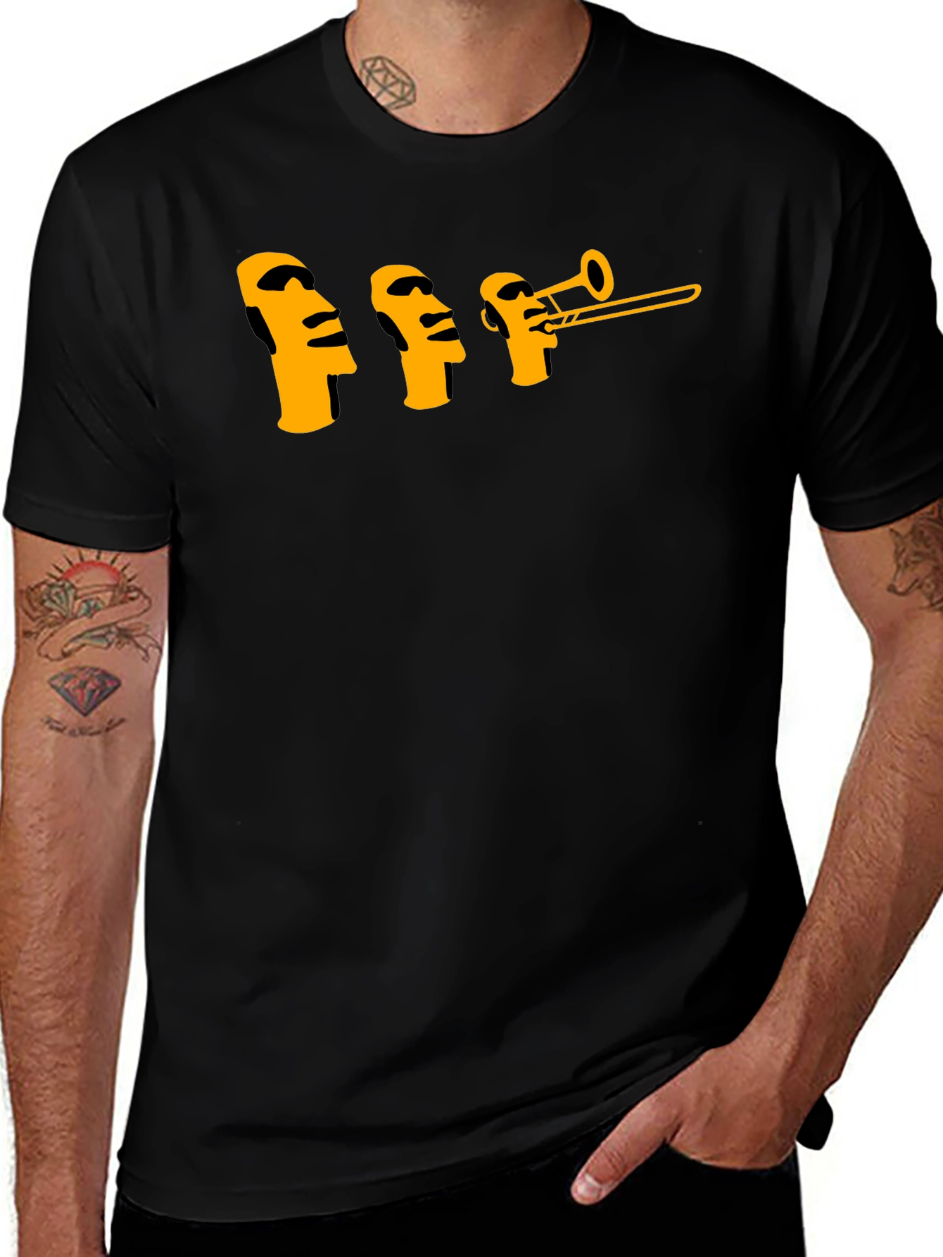 Moai Trombone Mens Black Graphic T-Shirt