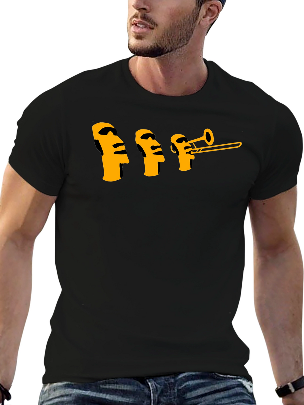 Moai Trombone Mens Black Graphic T-Shirt