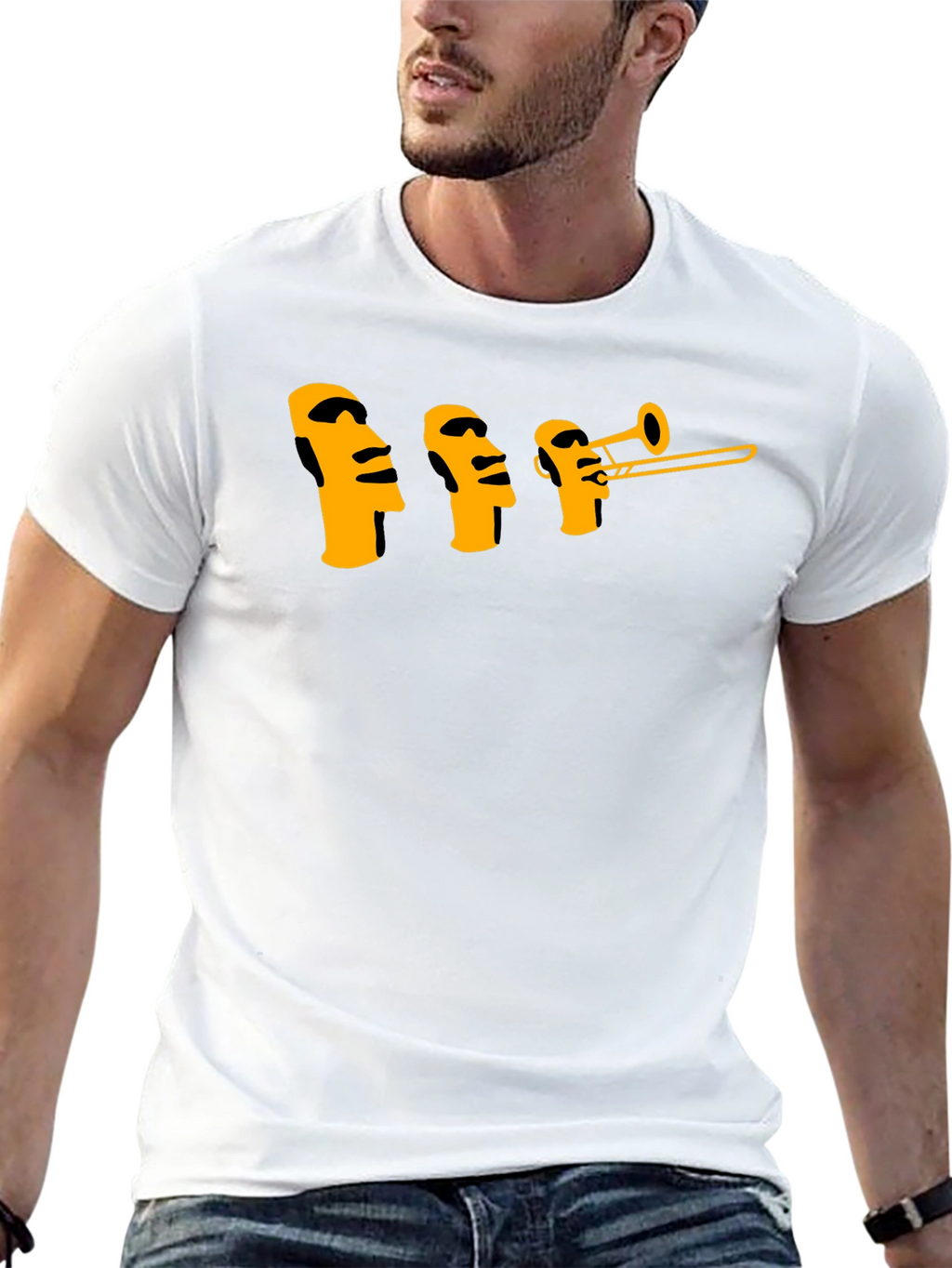 Moai Trombone Mens Black Graphic T-Shirt