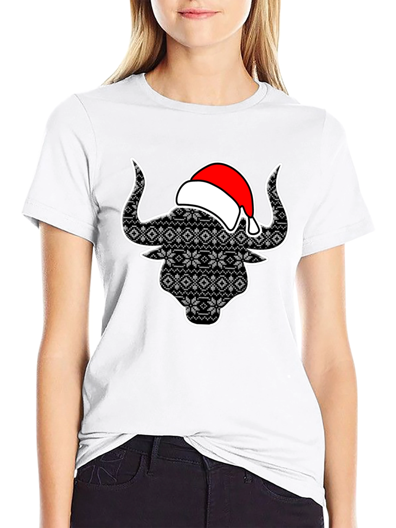 Festive Bull T-Shirt with Santa Hat