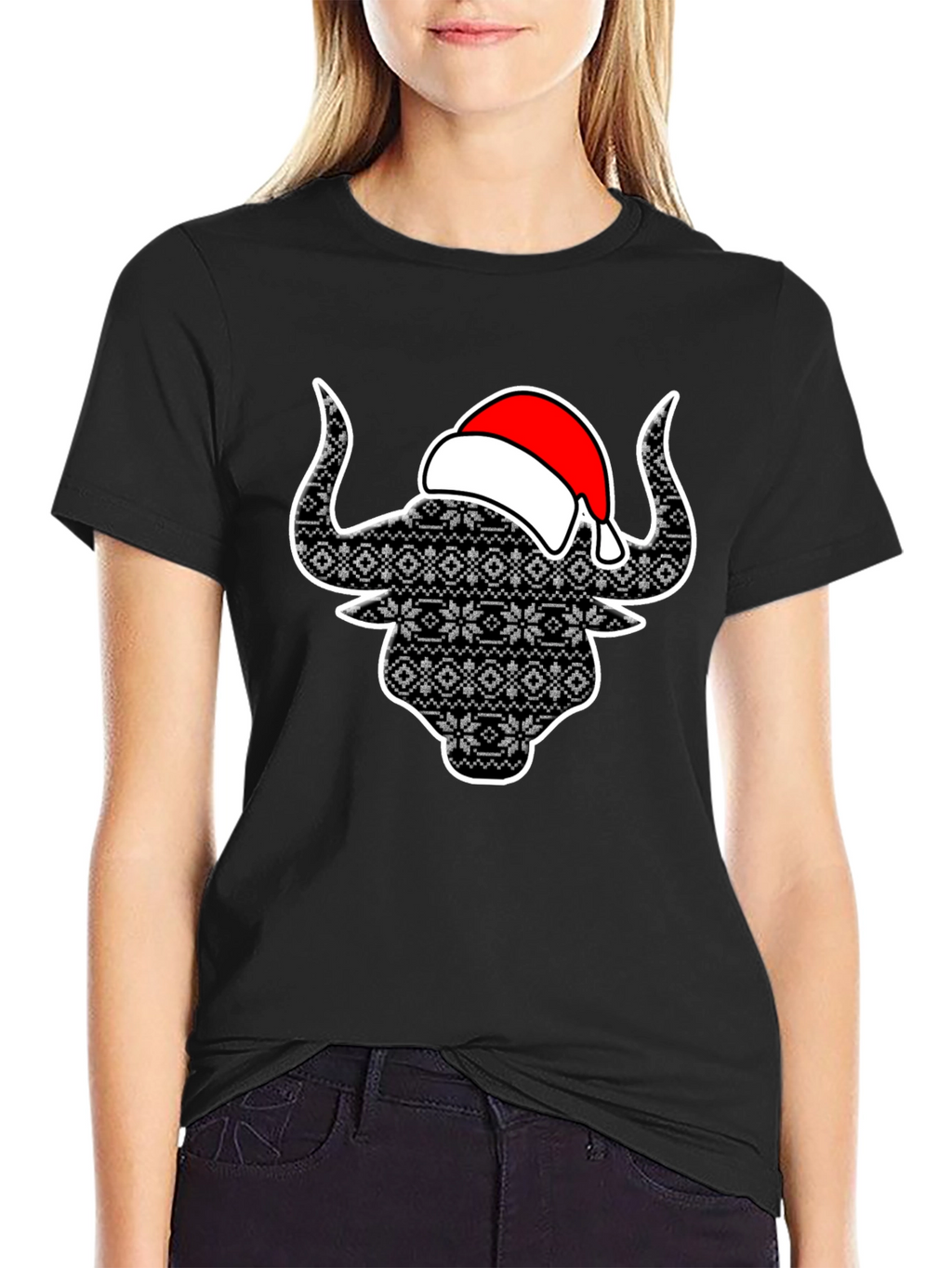 Festive Bull T-Shirt with Santa Hat