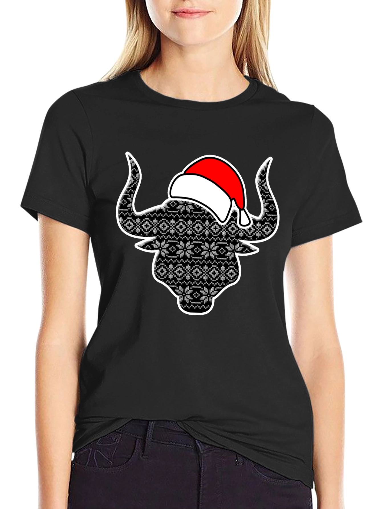 Festive Bull T-Shirt with Santa Hat