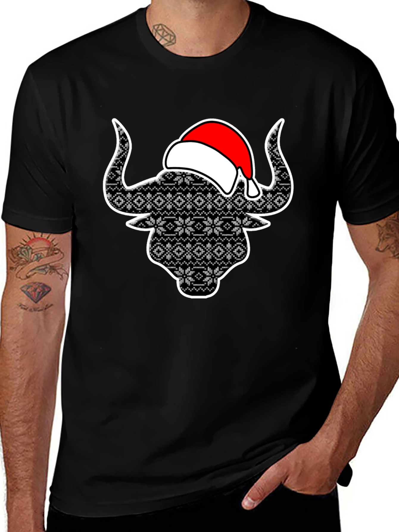 Festive Bull T-Shirt with Santa Hat