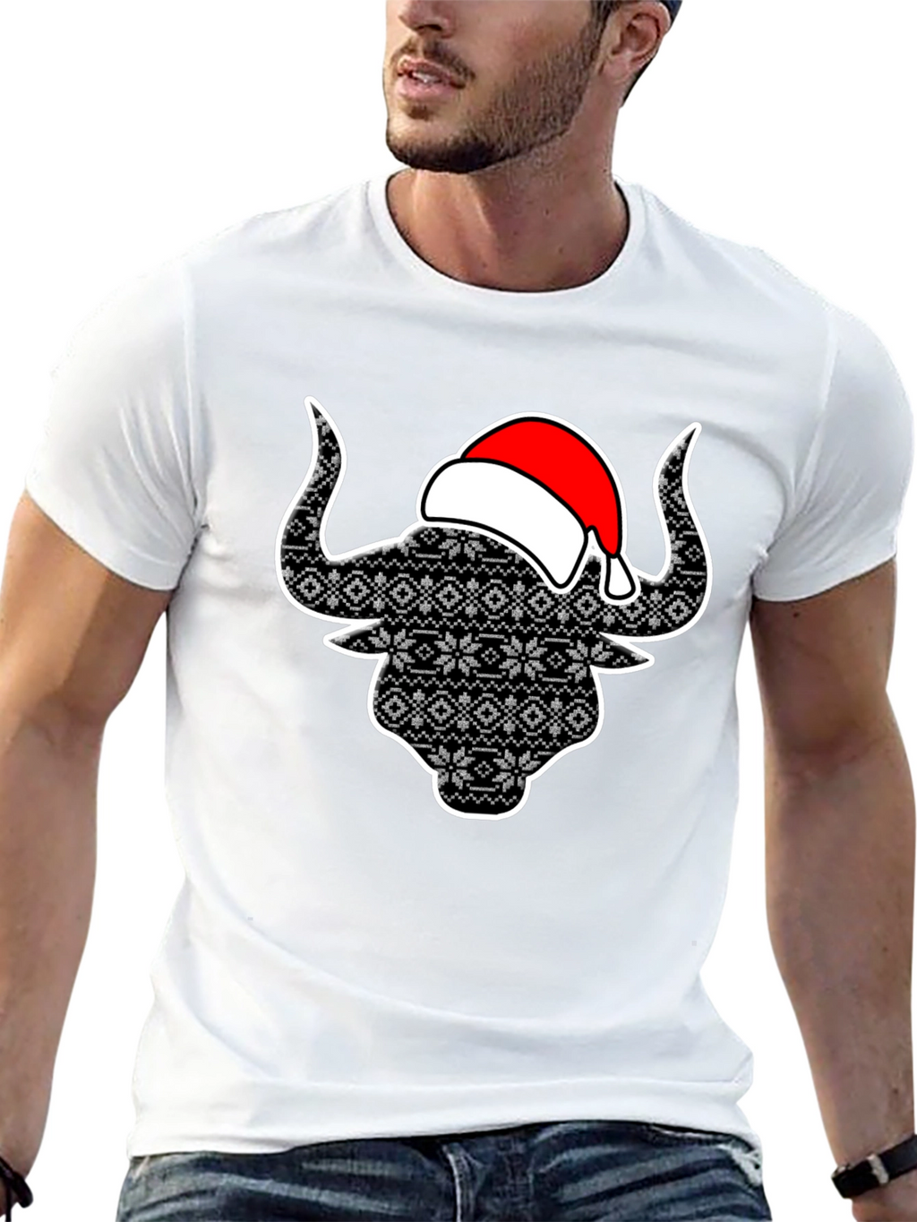 Festive Bull T-Shirt with Santa Hat