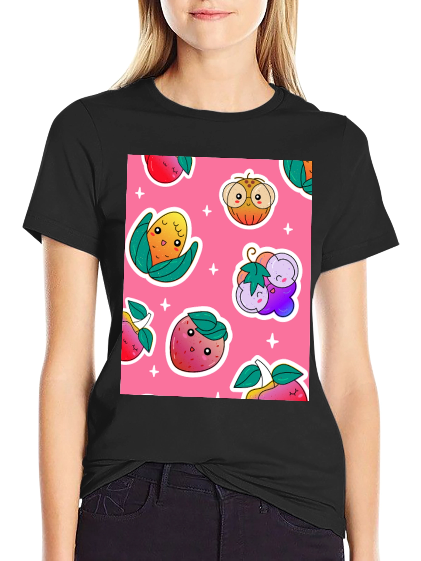 Cute Fruit Pattern Black T-Shirt