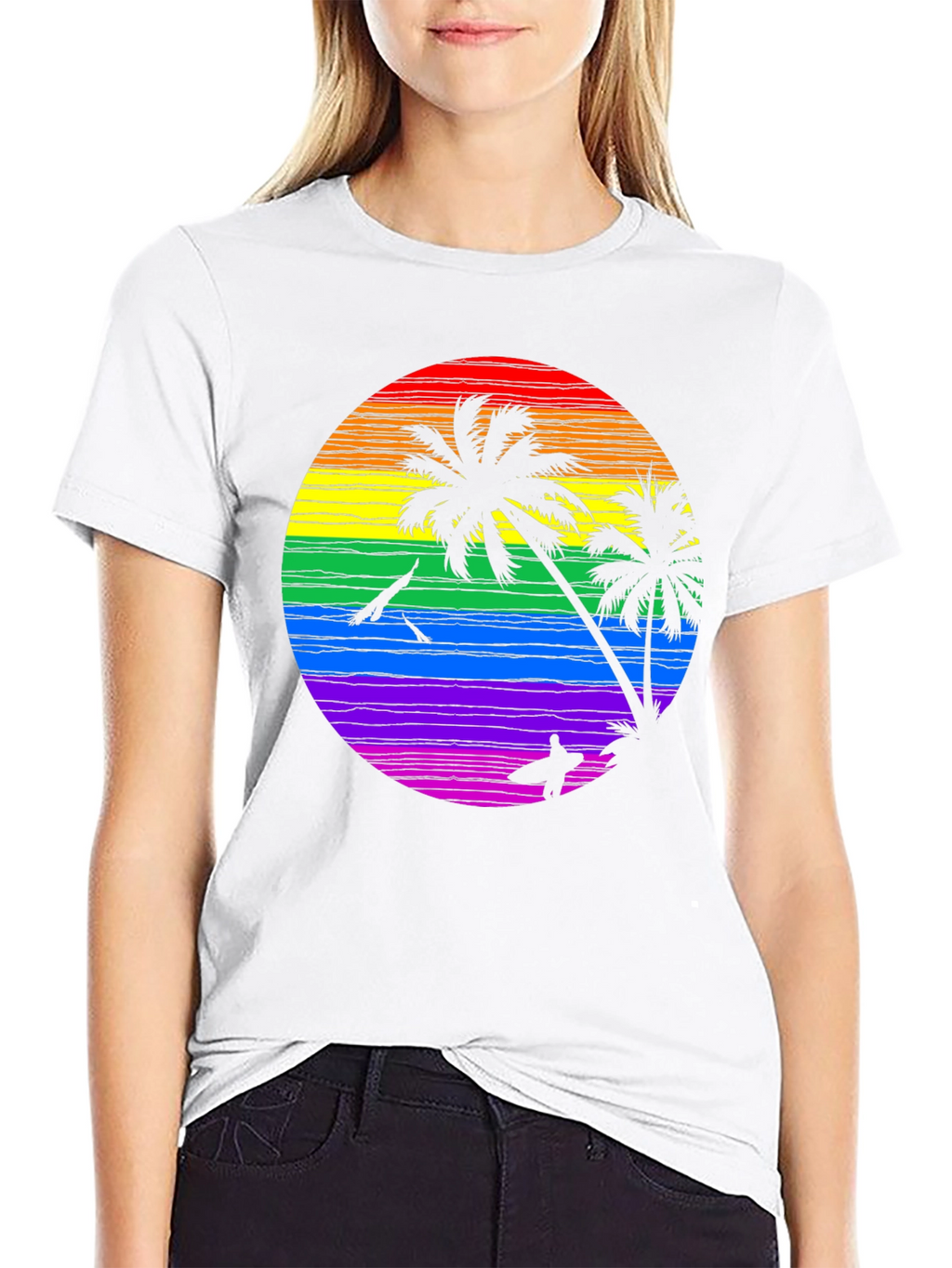 Rainbow Sunset Palm Tree Graphic T-Shirt