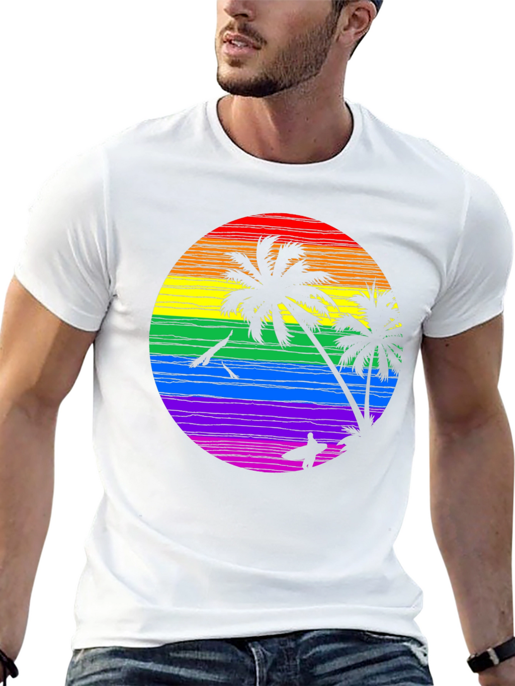 Rainbow Sunset Palm Tree Graphic T-Shirt