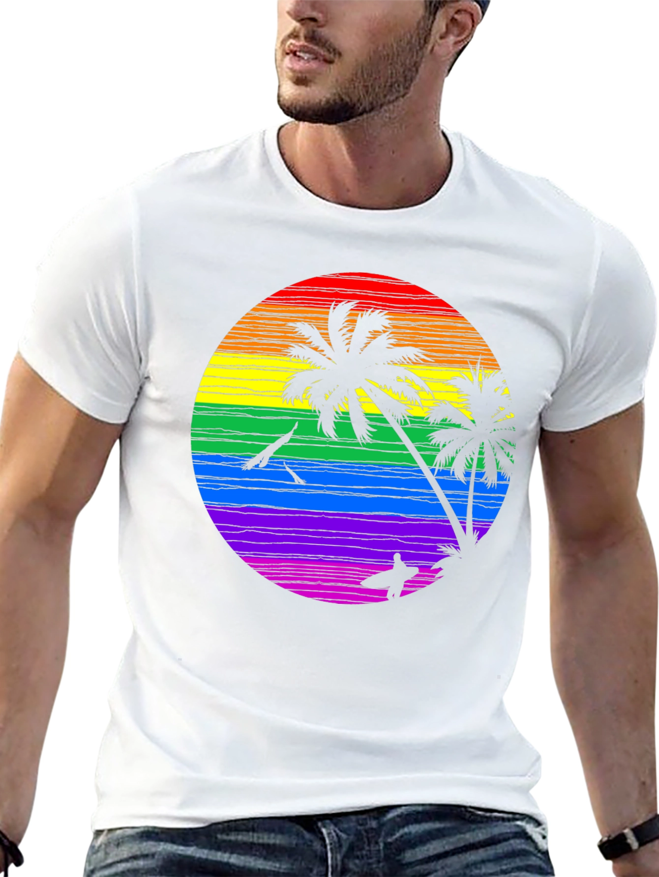 Rainbow Sunset Palm Tree Graphic T-Shirt