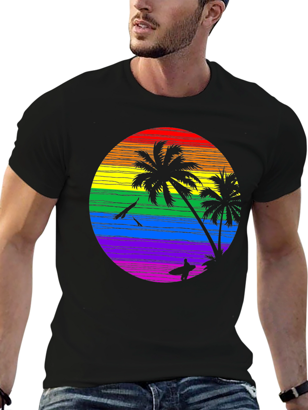 Rainbow Sunset Palm Tree Graphic T-Shirt