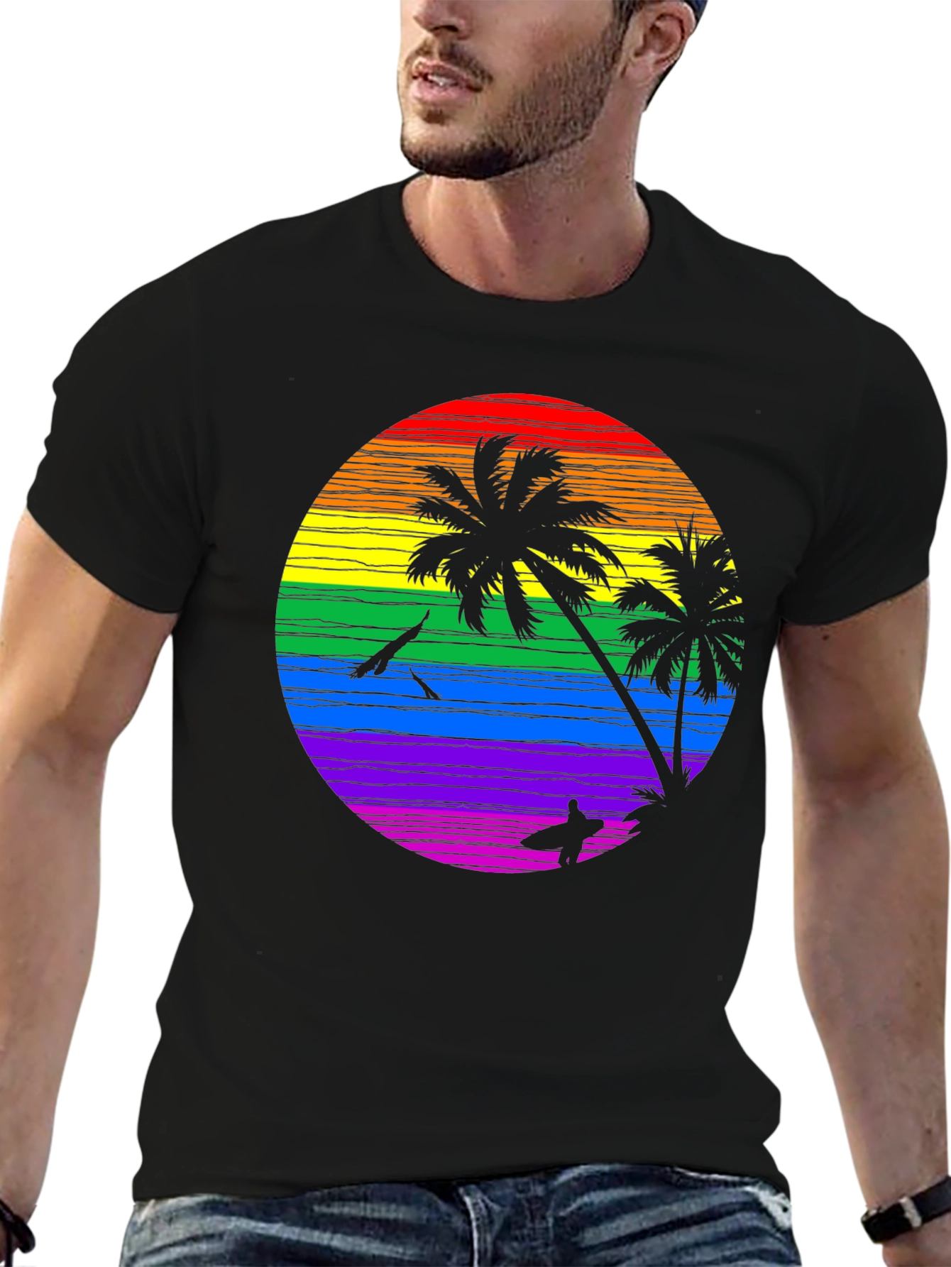 Rainbow Sunset Palm Tree Graphic T-Shirt