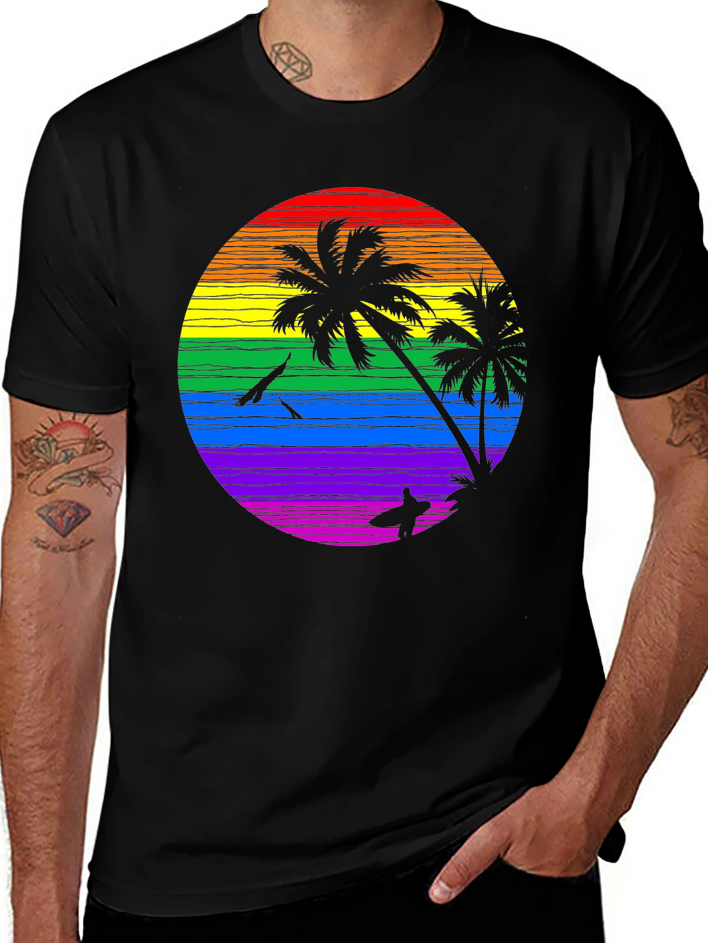 Rainbow Sunset Palm Tree Graphic T-Shirt