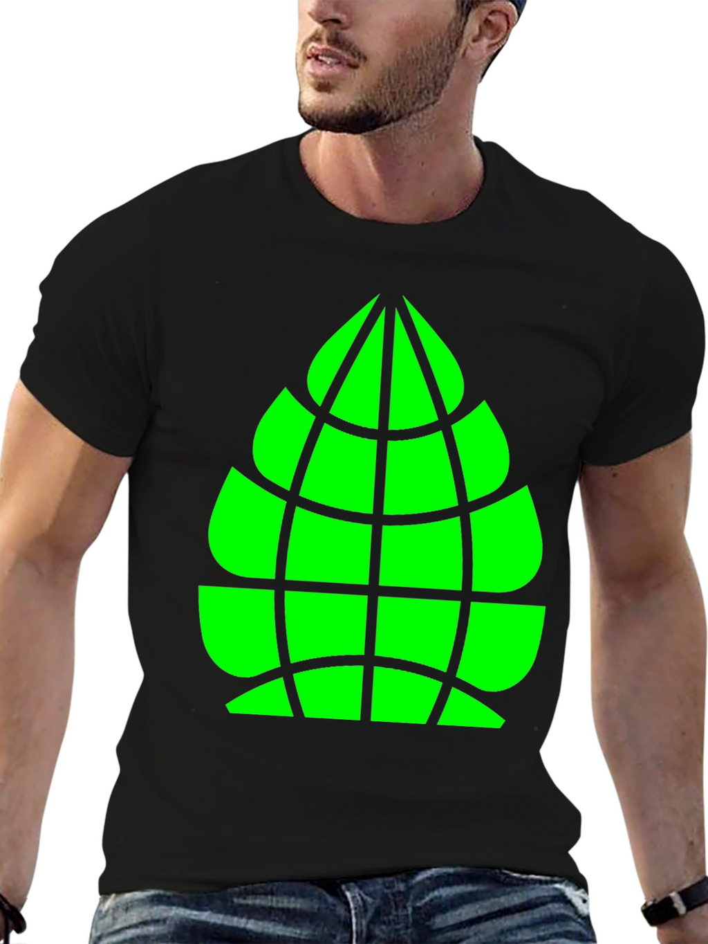 Geometric Green Globe Graphic Tee - Casual Black Shirt