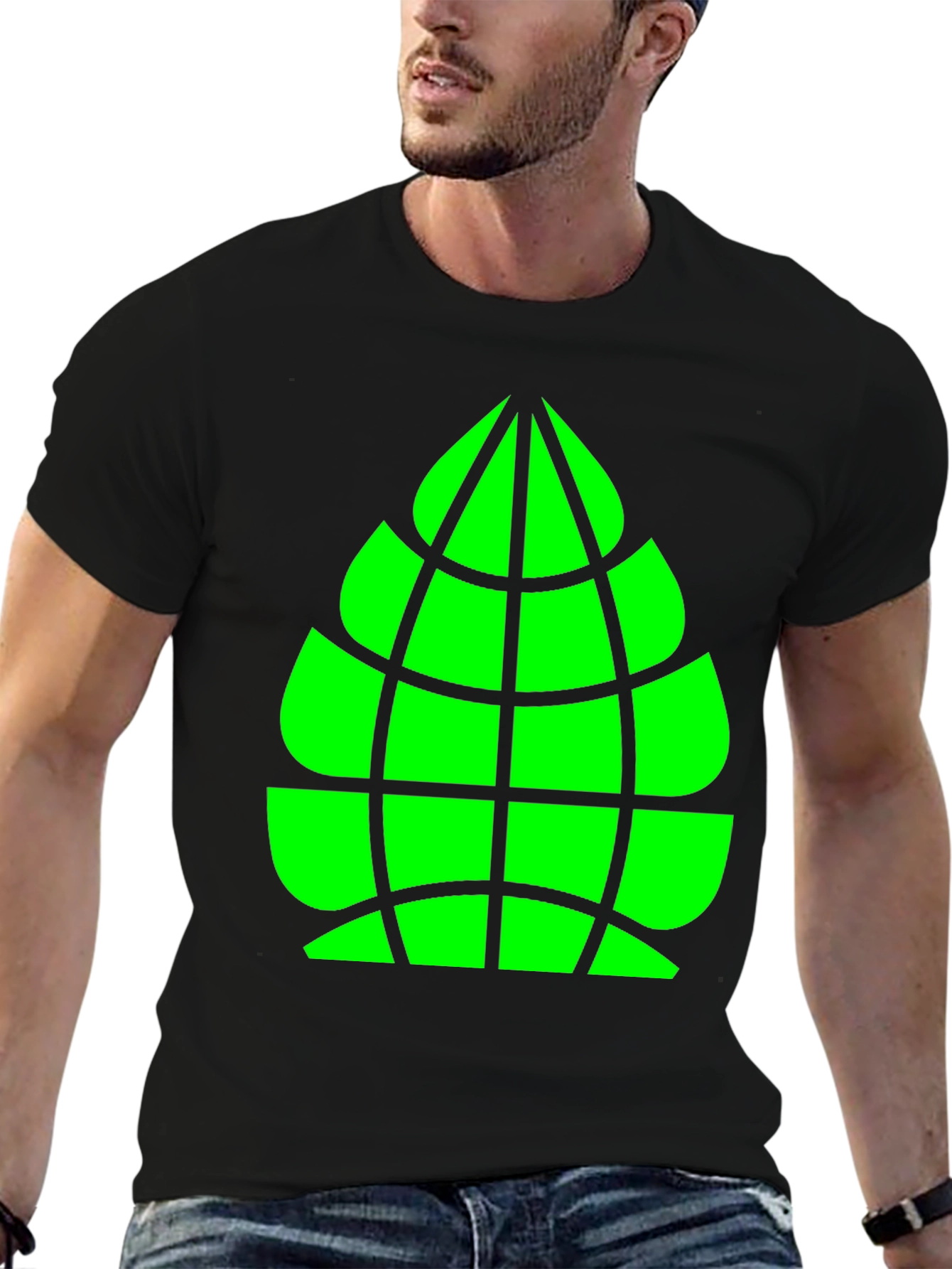 Geometric Green Globe Graphic Tee - Casual Black Shirt
