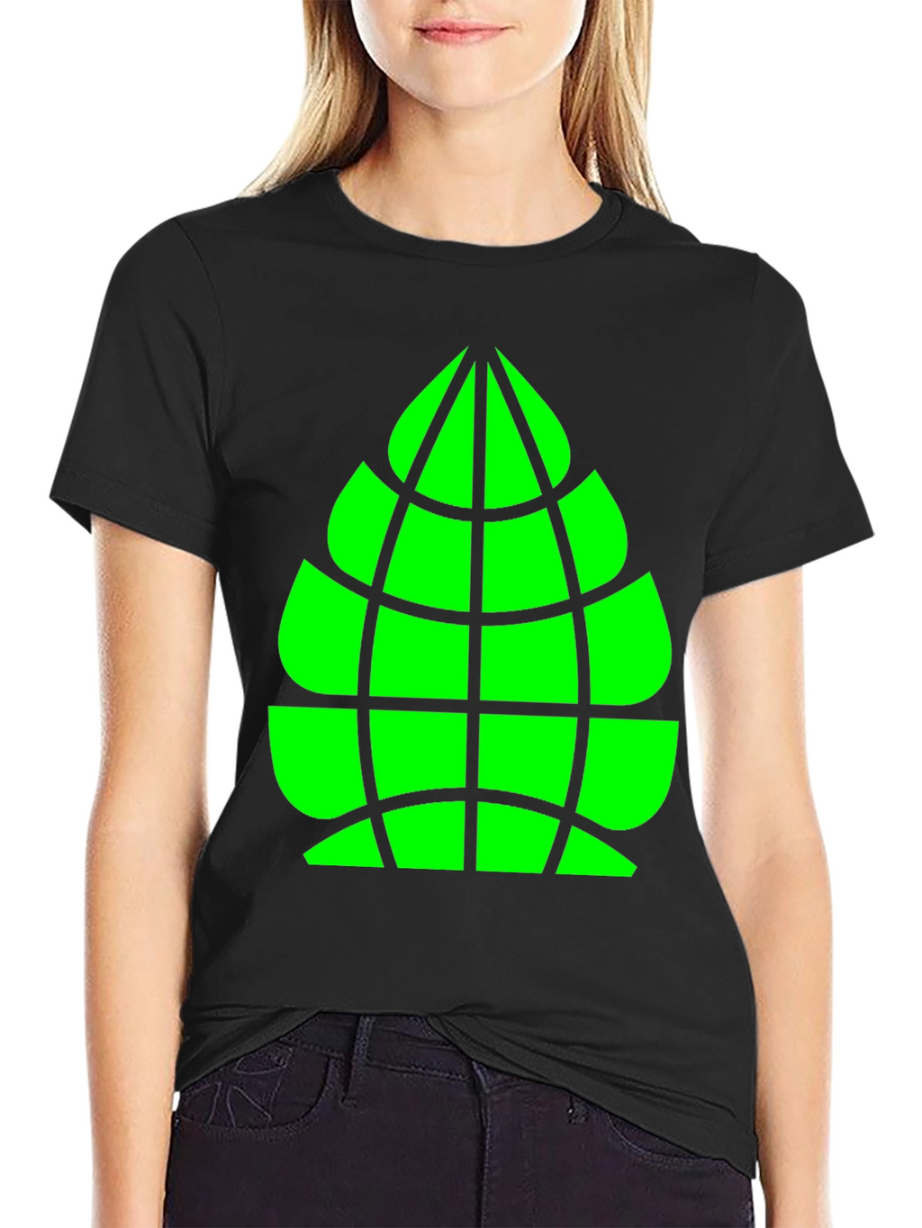 Geometric Green Globe Graphic Tee - Casual Black Shirt