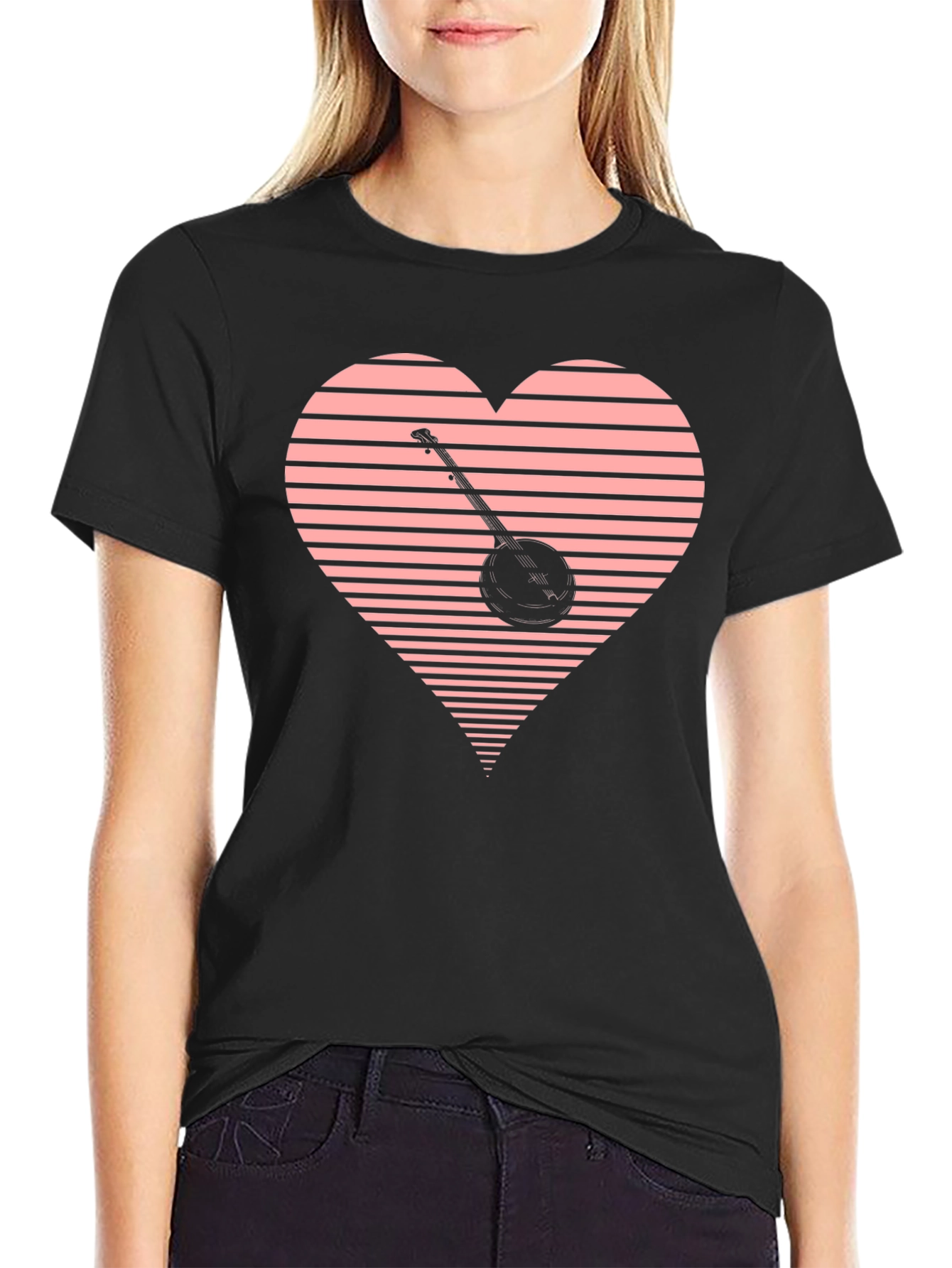 Banjo Heart Graphic Tee - Black Cotton T-Shirt