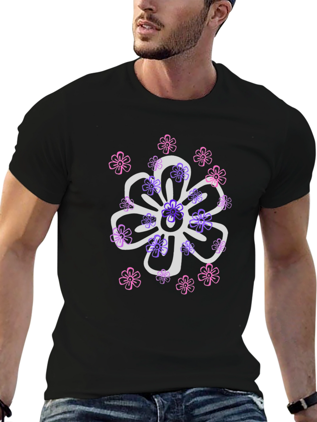 Floral Design T-Shirt - Black Cotton Blend
