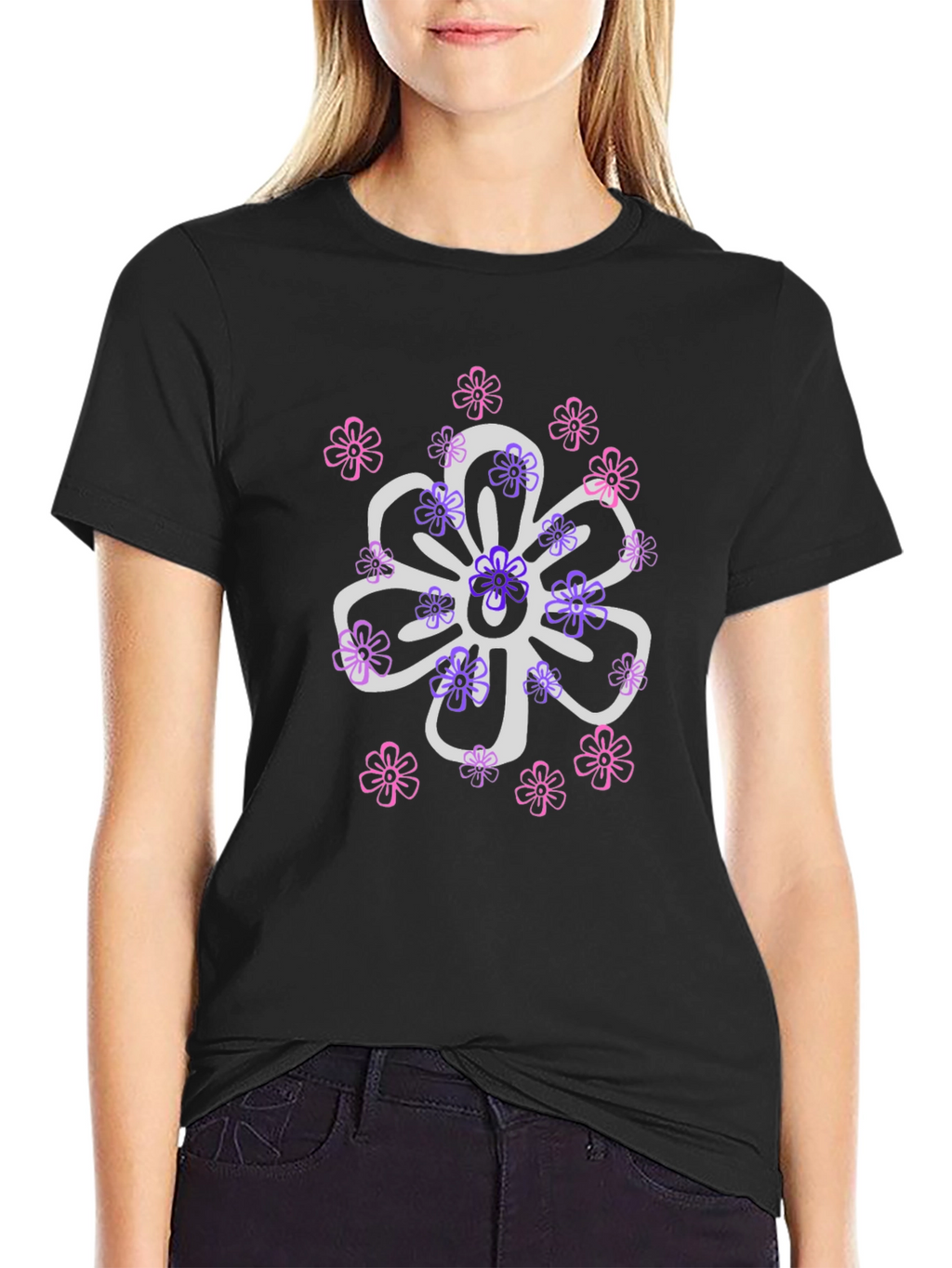 Floral Design T-Shirt - Black Cotton Blend