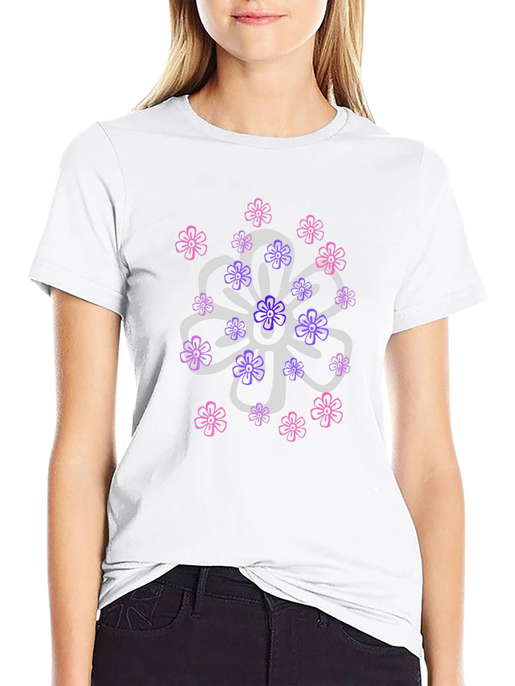 Floral Design T-Shirt - Black Cotton Blend