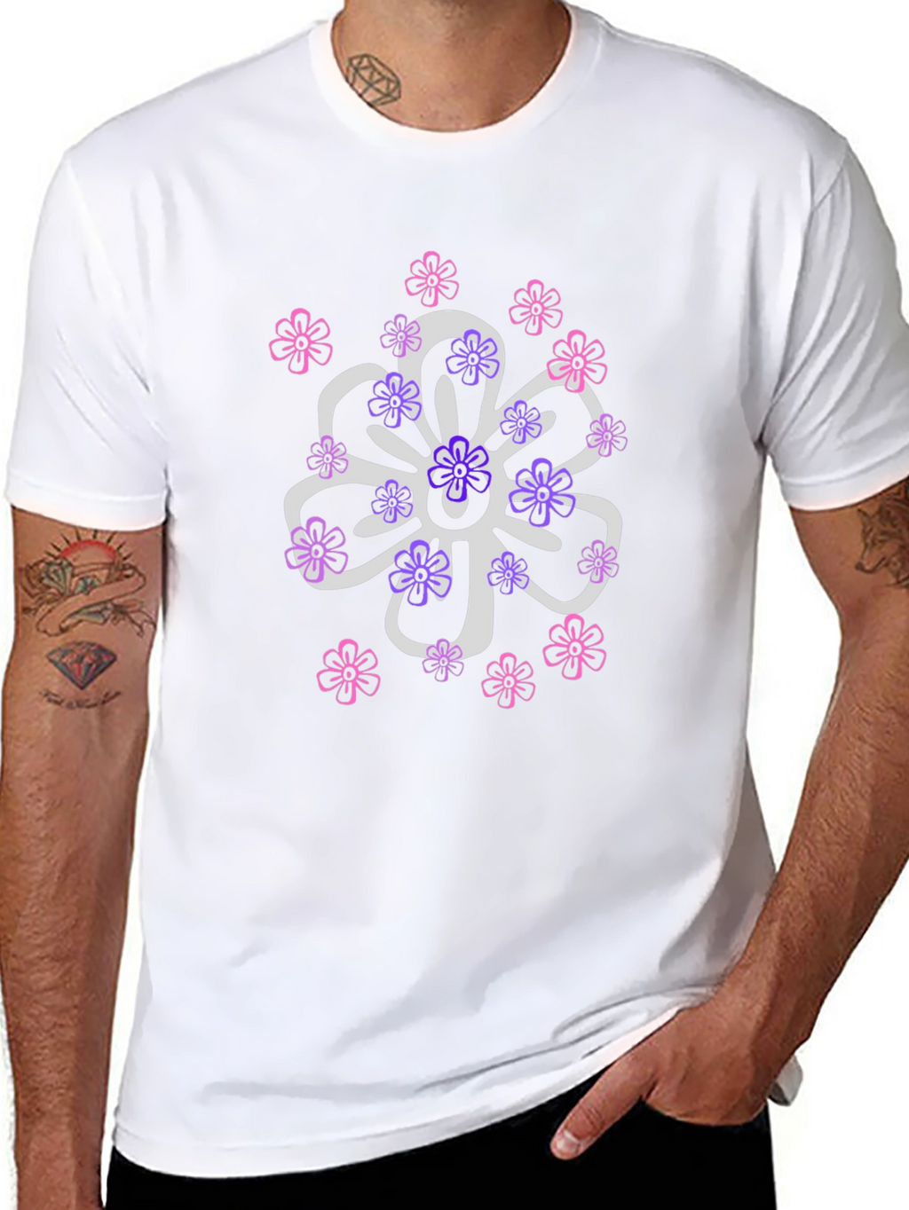 Floral Design T-Shirt - Black Cotton Blend