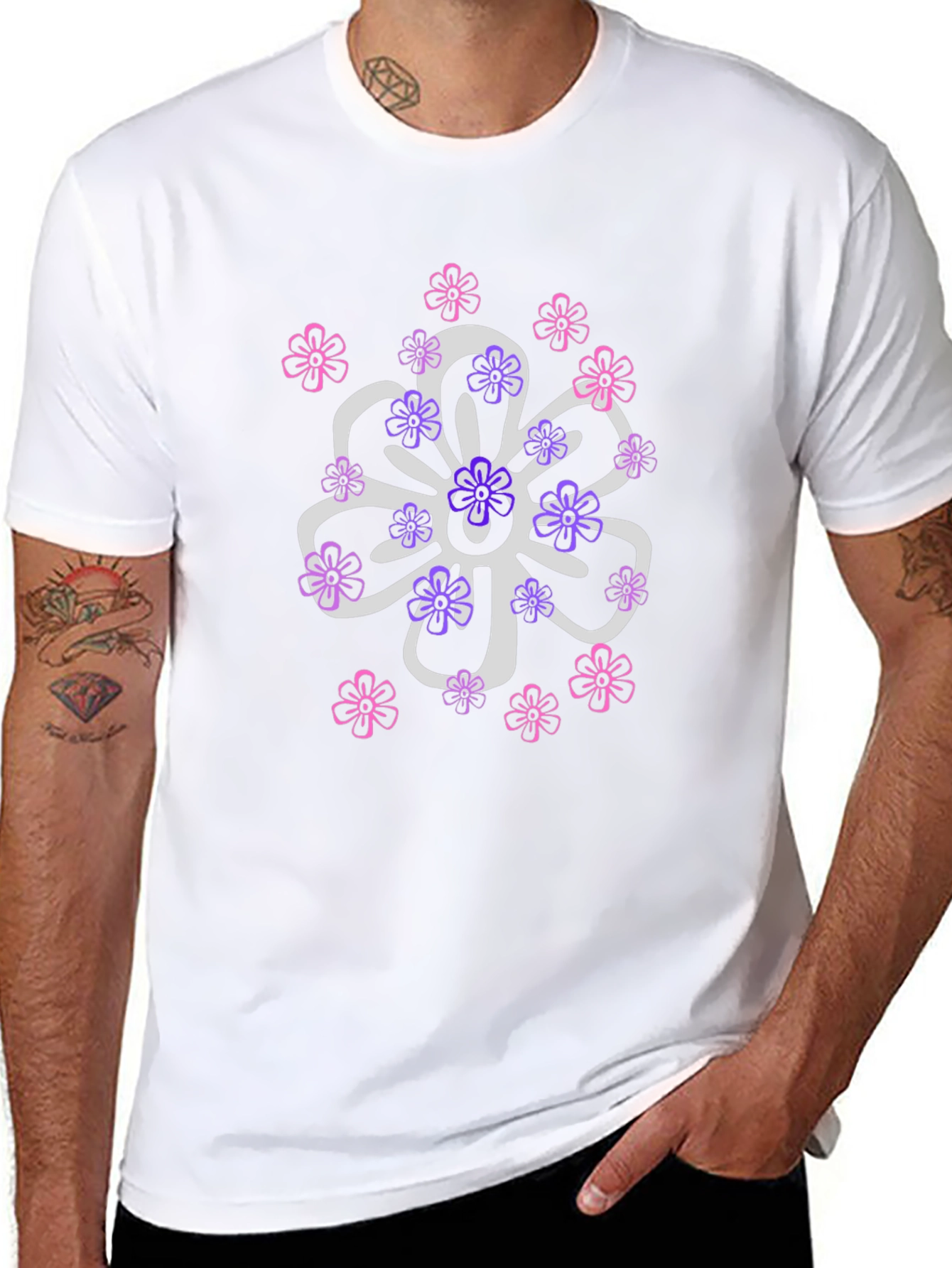 Floral Design T-Shirt - Black Cotton Blend