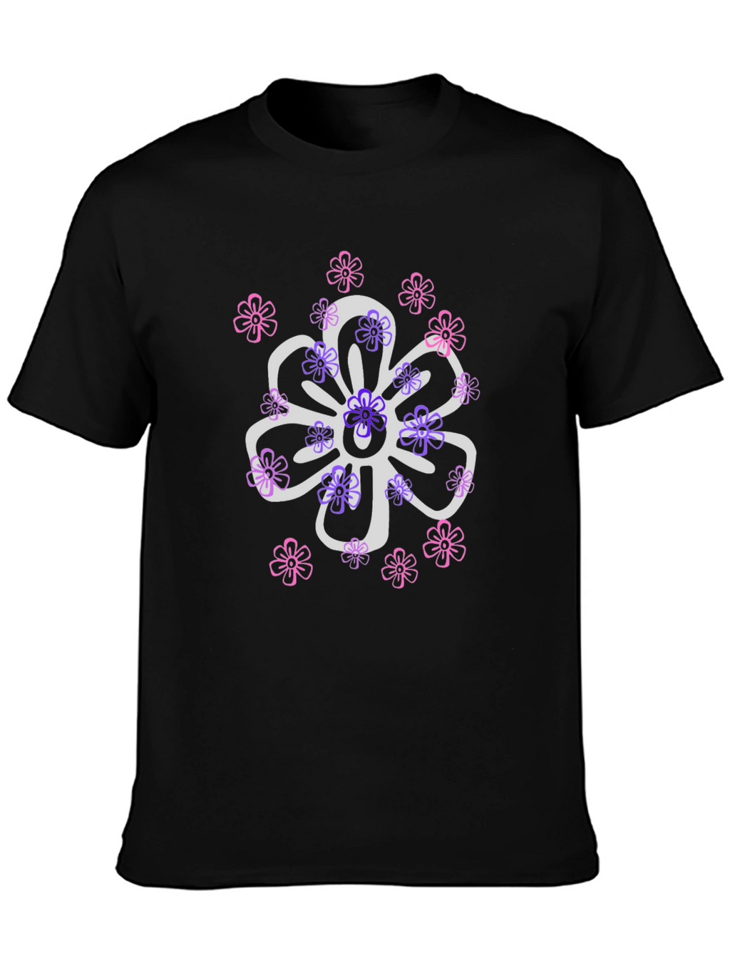 Floral Design T-Shirt - Black Cotton Blend