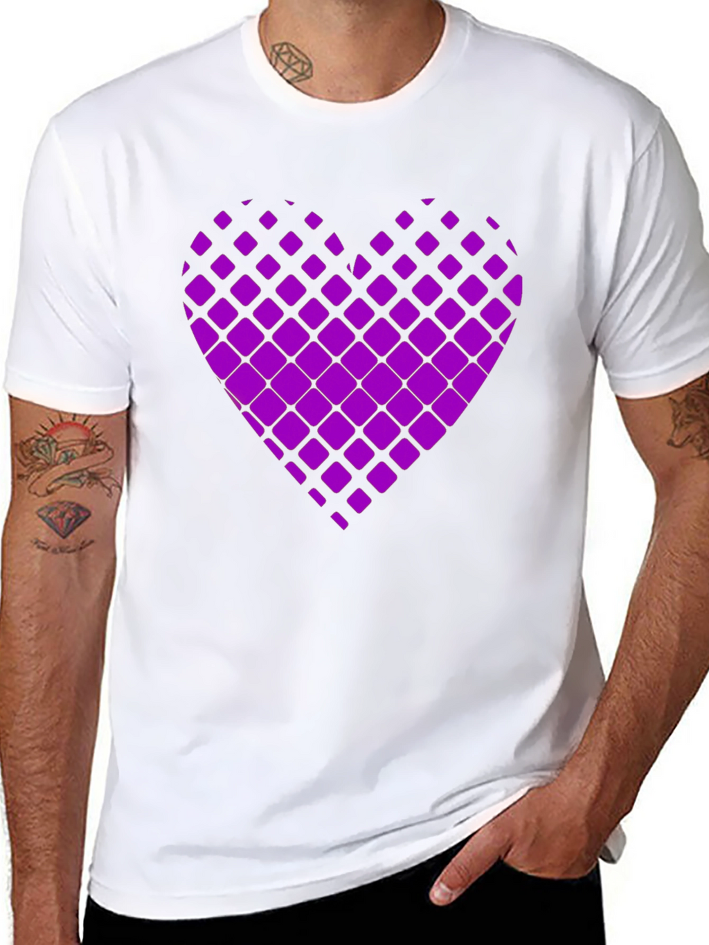 Purple Geometric Heart Print Black T-Shirt