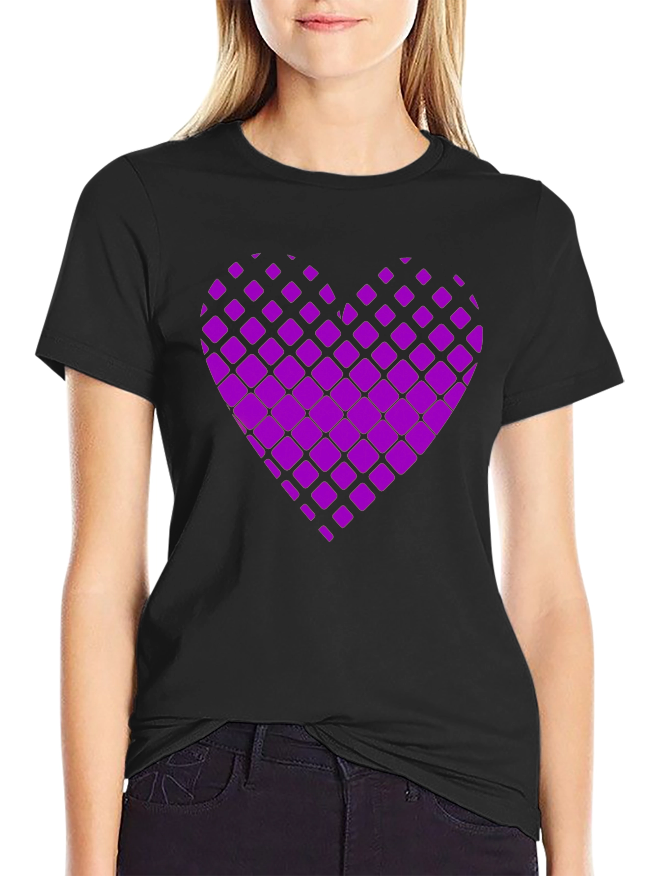 Purple Geometric Heart Print Black T-Shirt