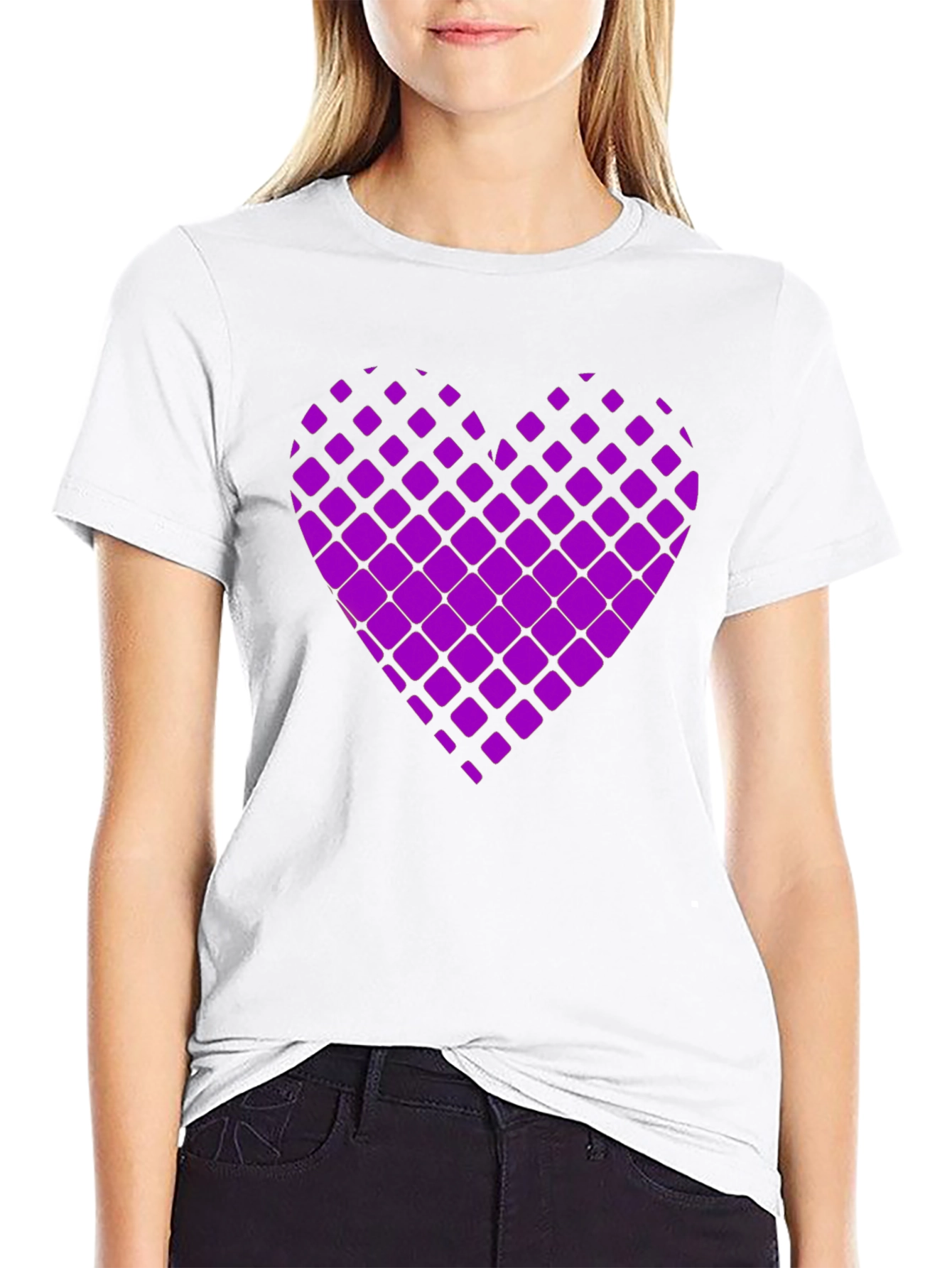 Purple Geometric Heart Print Black T-Shirt