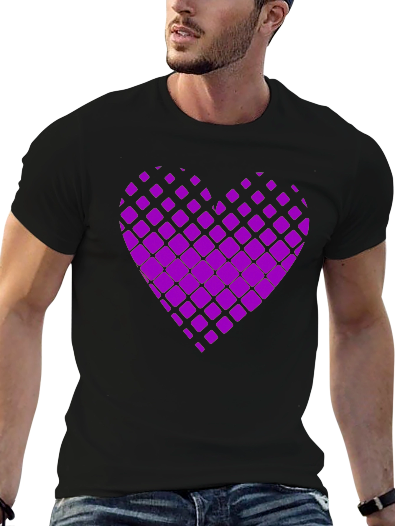 Purple Geometric Heart Print Black T-Shirt