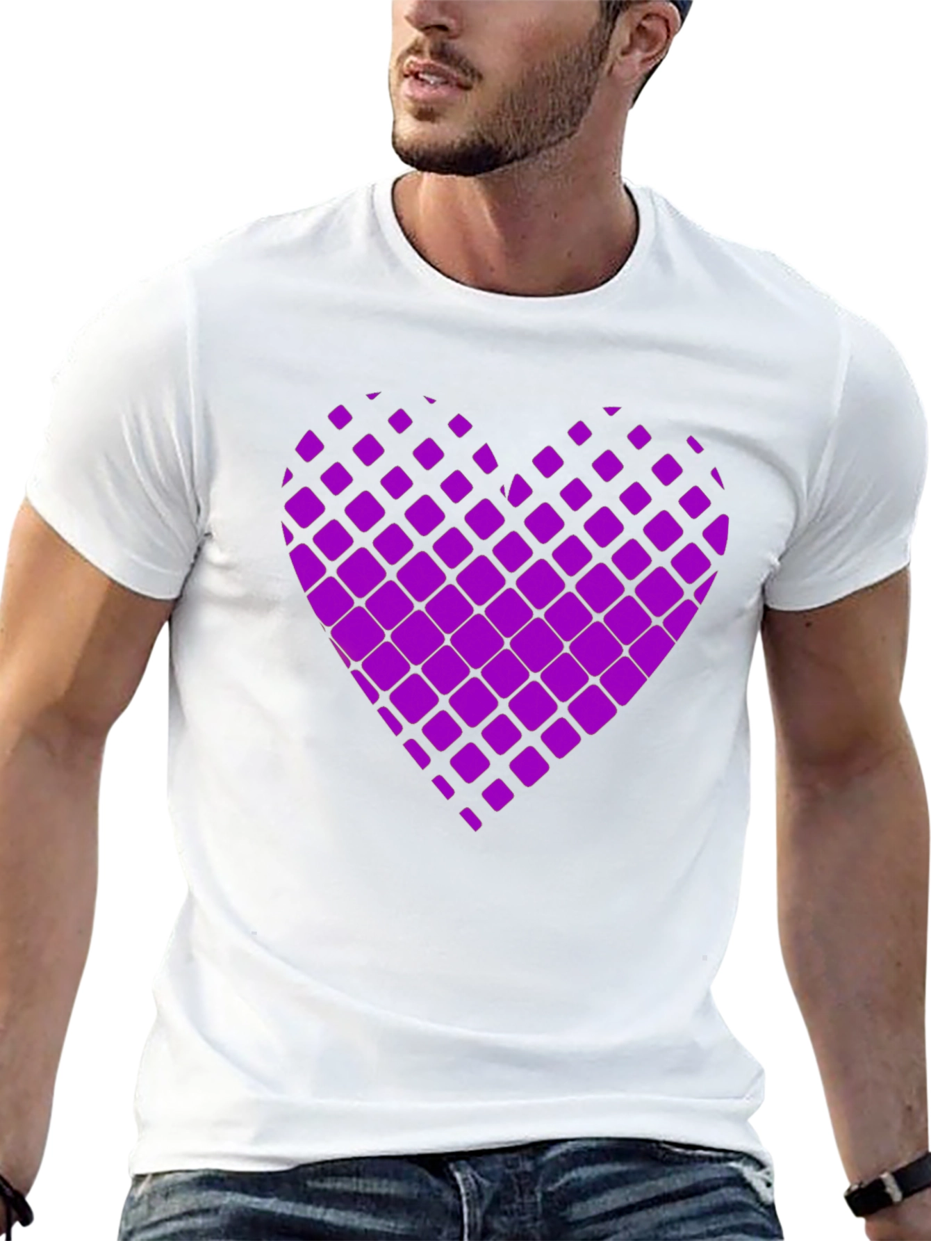 Purple Geometric Heart Print Black T-Shirt