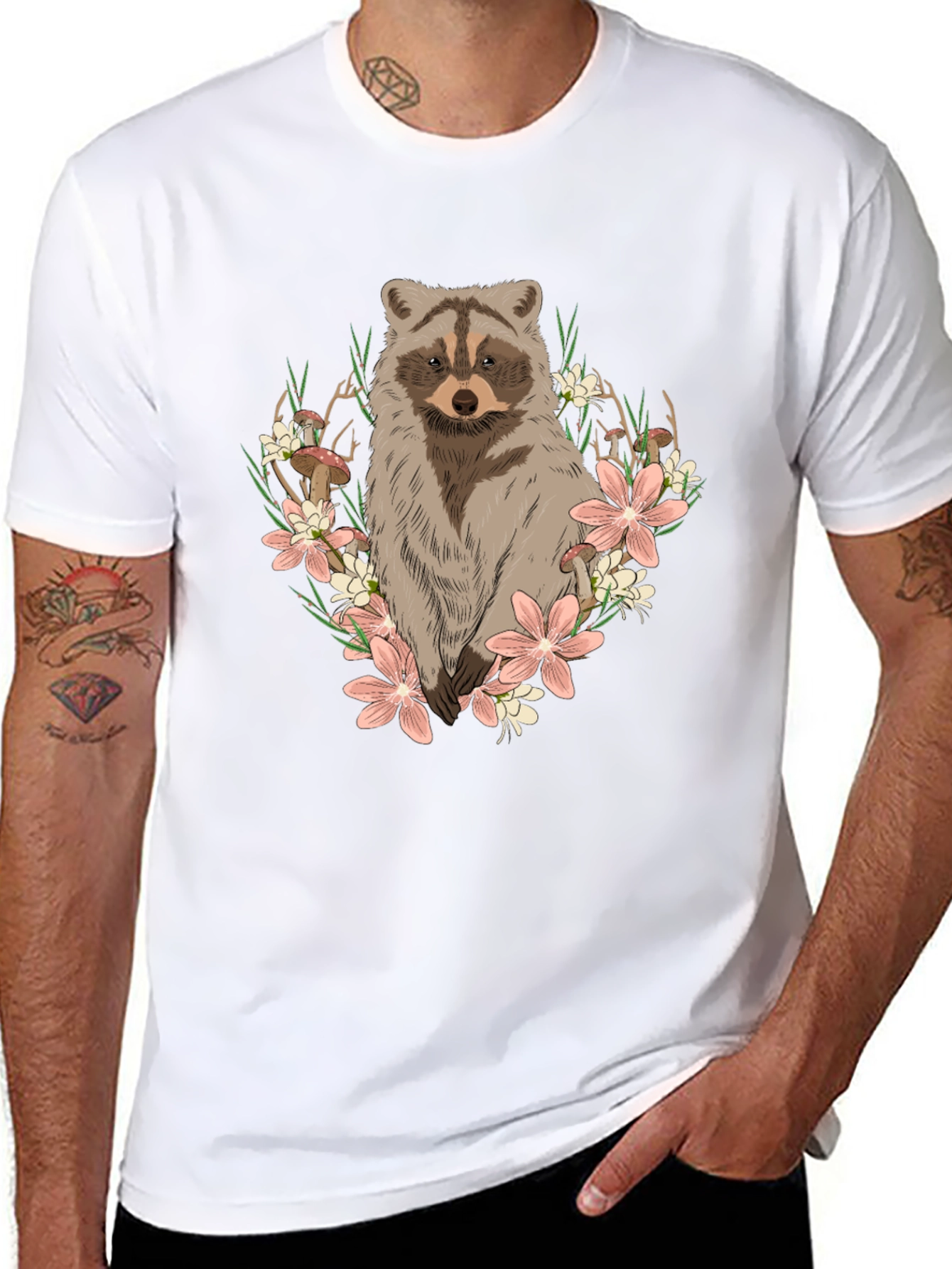 Raccoon Floral Graphic Tee - Mens Black T-Shirt