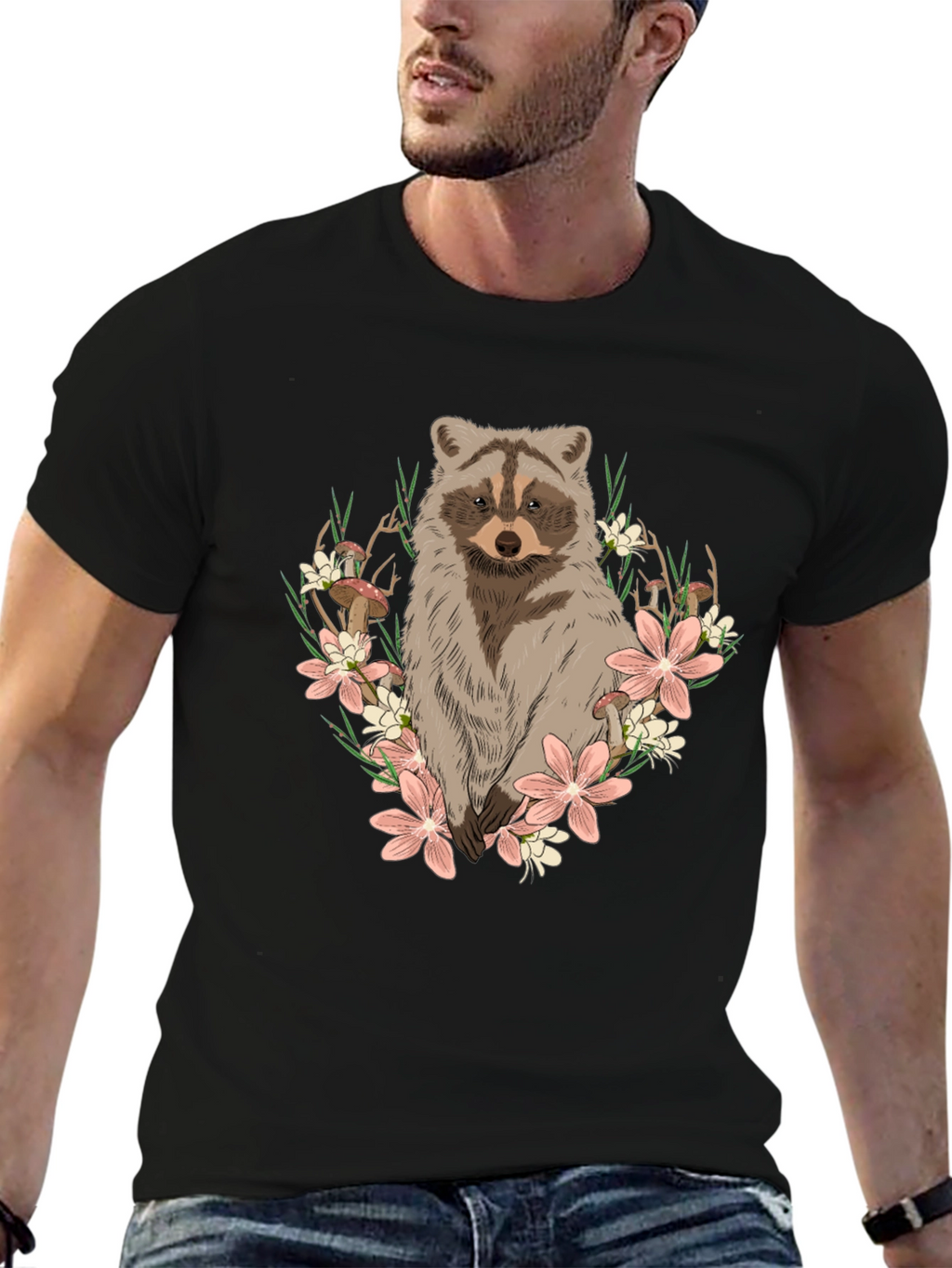 Raccoon Floral Graphic Tee - Mens Black T-Shirt