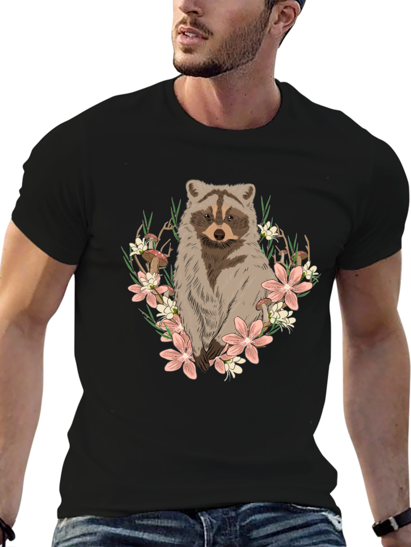 Raccoon Floral Graphic Tee - Mens Black T-Shirt