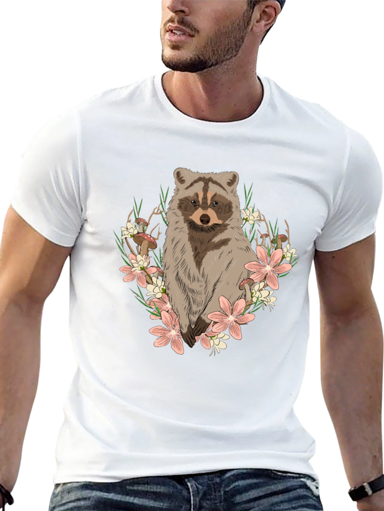 Raccoon Floral Graphic Tee - Mens Black T-Shirt