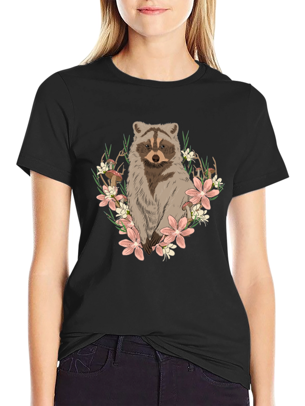 Raccoon Floral Graphic Tee - Mens Black T-Shirt