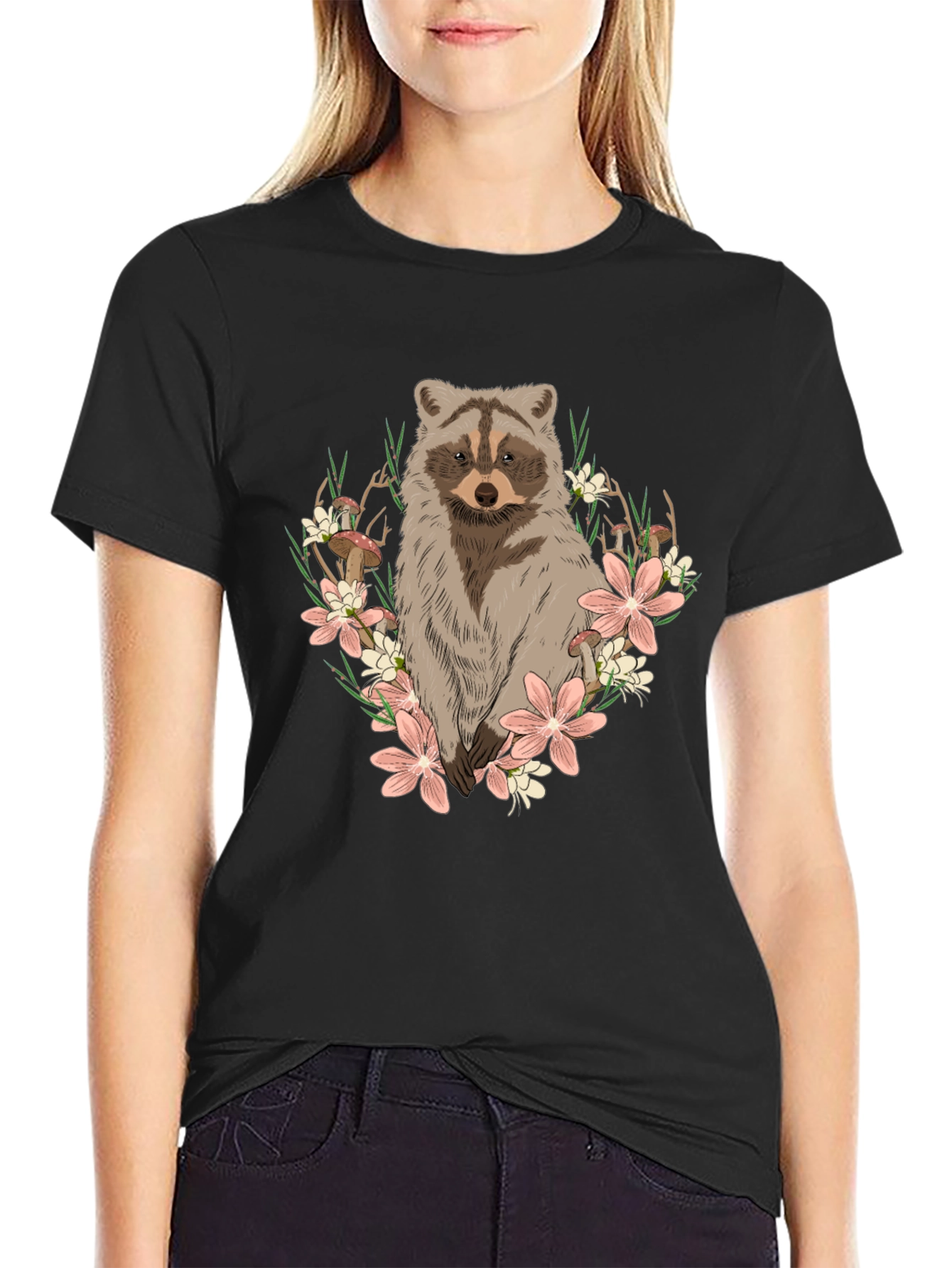 Raccoon Floral Graphic Tee - Mens Black T-Shirt
