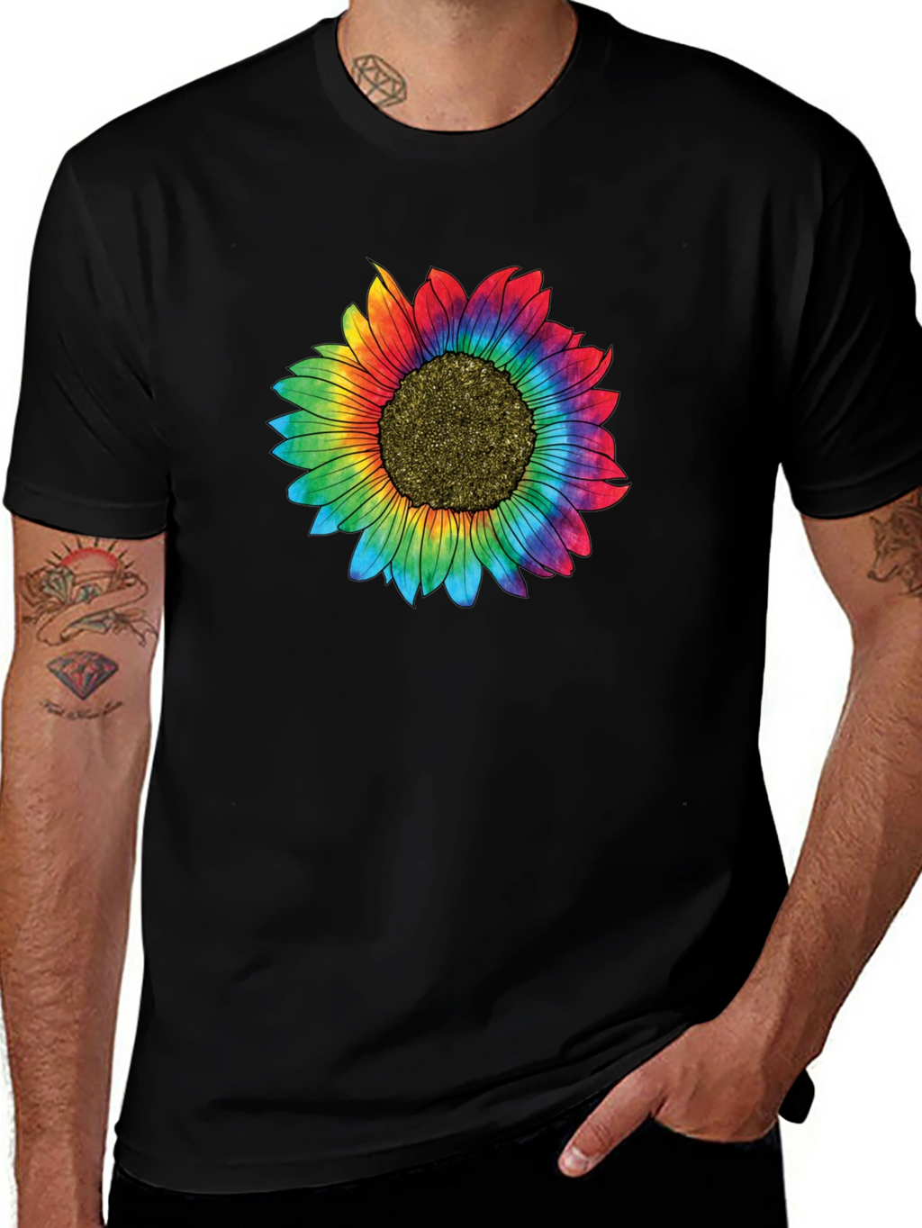 Rainbow Sunflower Graphic Tee - Unisex Black T-Shirt