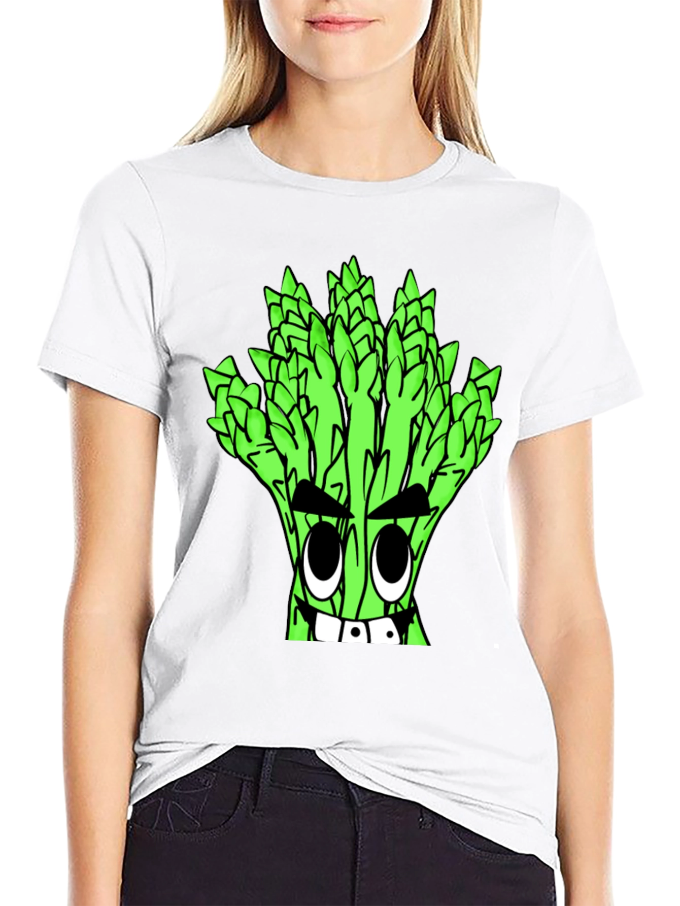 Asparagus Cartoon Graphic Tee - Quirky Black T-Shirt