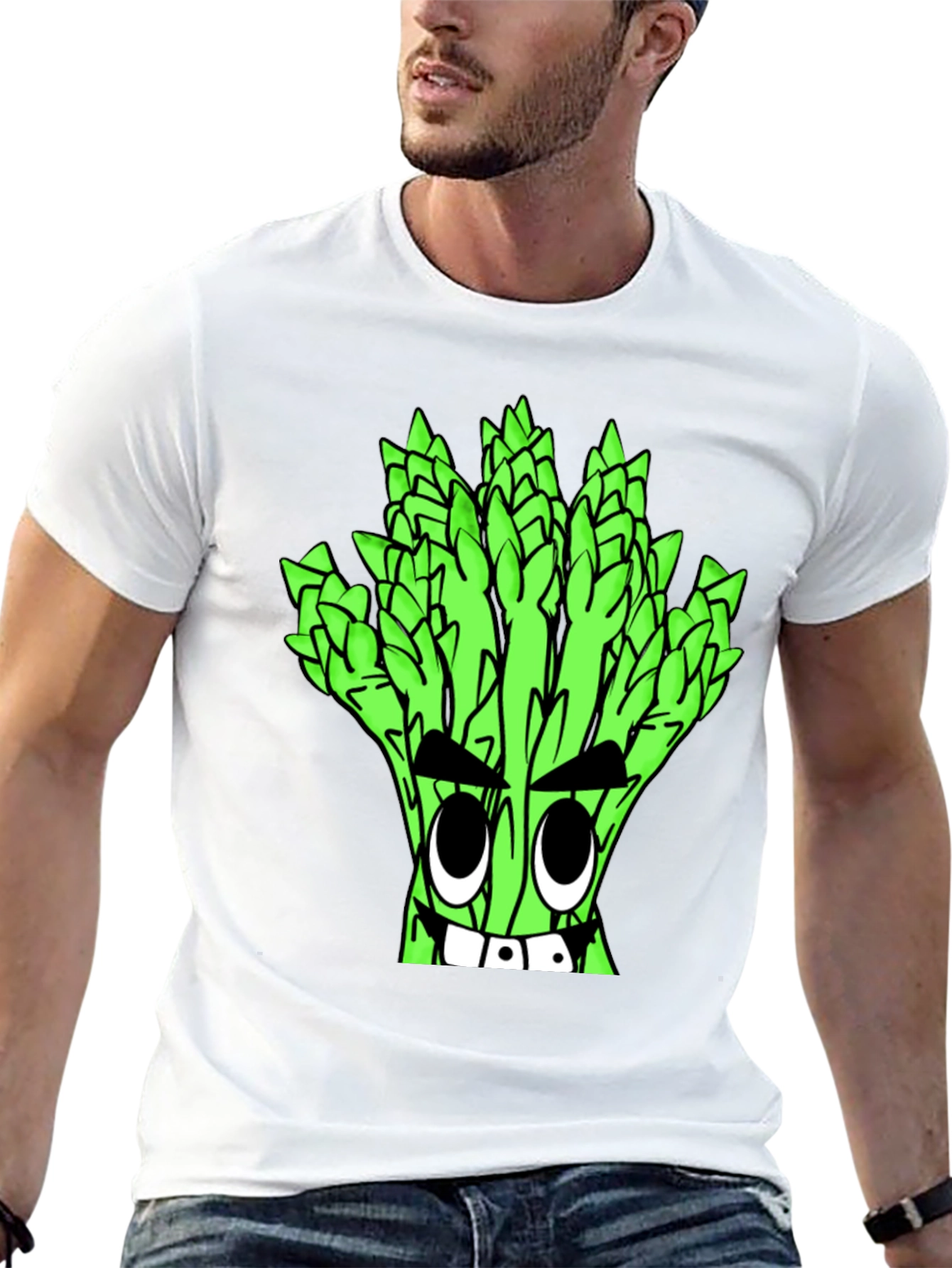 Asparagus Cartoon Graphic Tee - Quirky Black T-Shirt