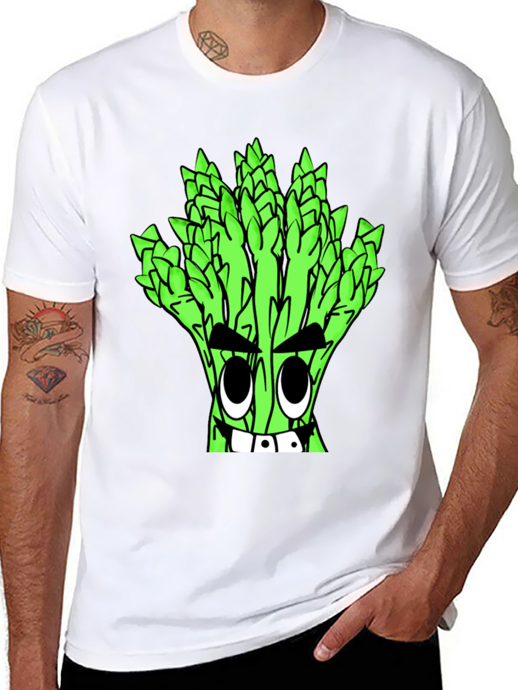 Asparagus Cartoon Graphic Tee - Quirky Black T-Shirt