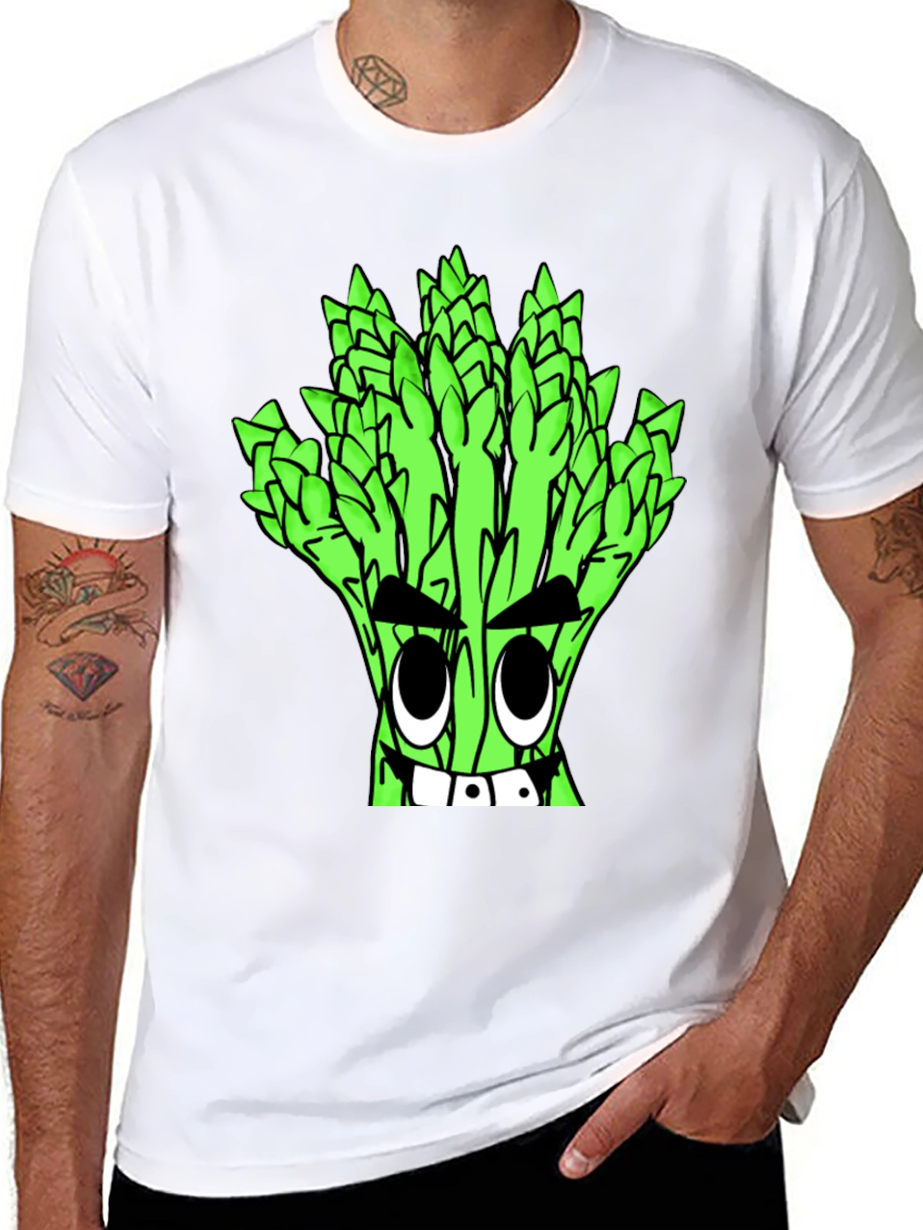 Asparagus Cartoon Graphic Tee - Quirky Black T-Shirt