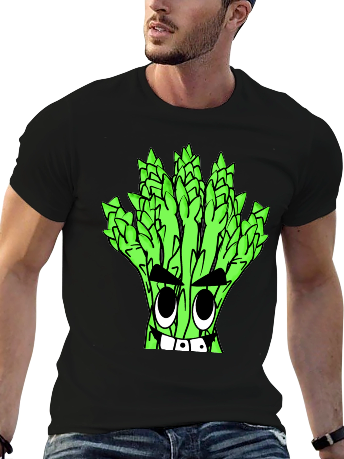 Asparagus Cartoon Graphic Tee - Quirky Black T-Shirt