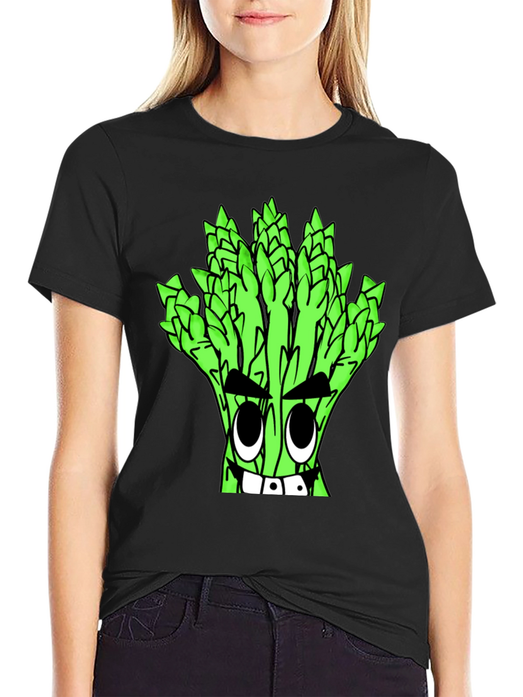 Asparagus Cartoon Graphic Tee - Quirky Black T-Shirt