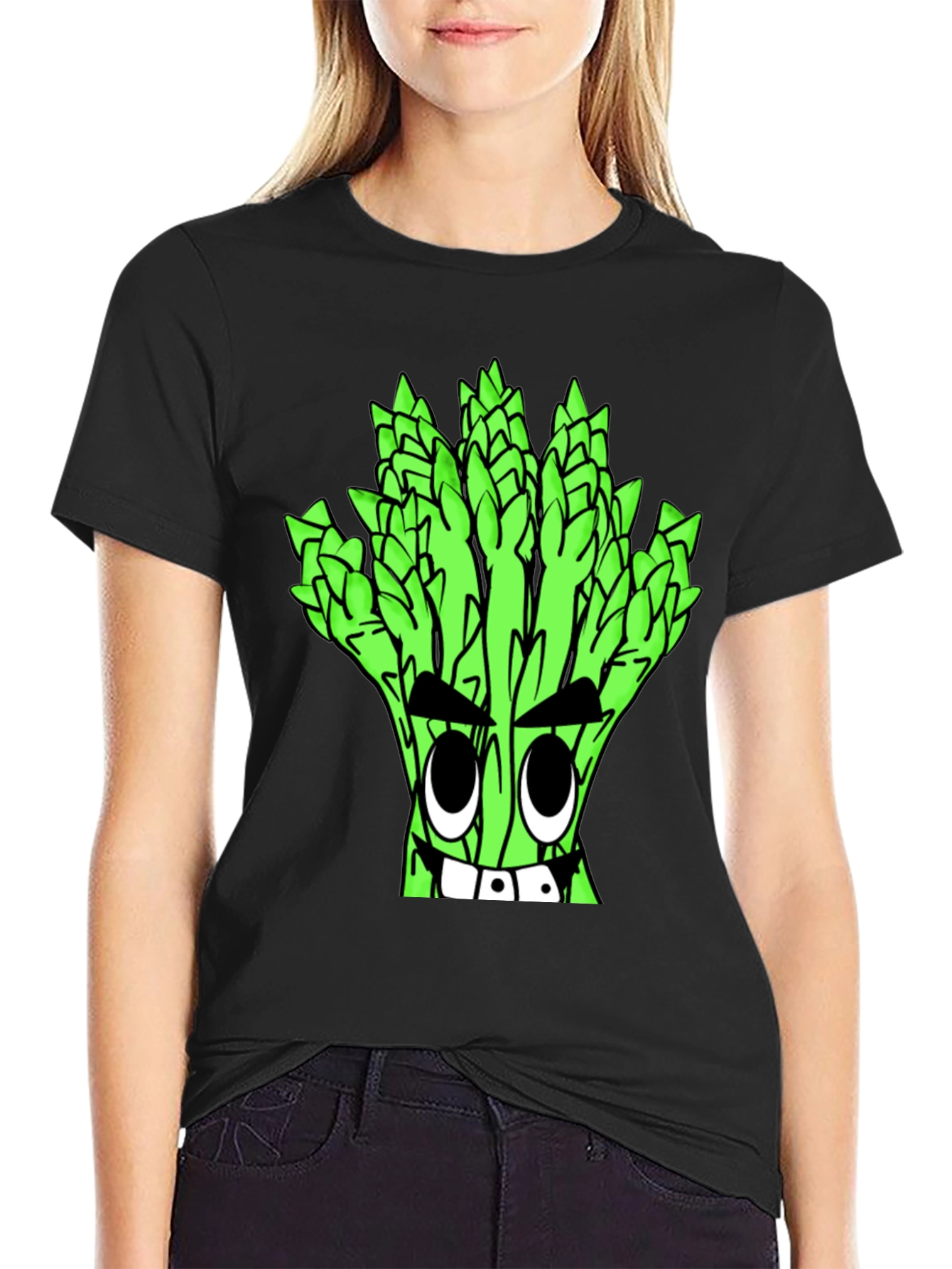 Asparagus Cartoon Graphic Tee - Quirky Black T-Shirt