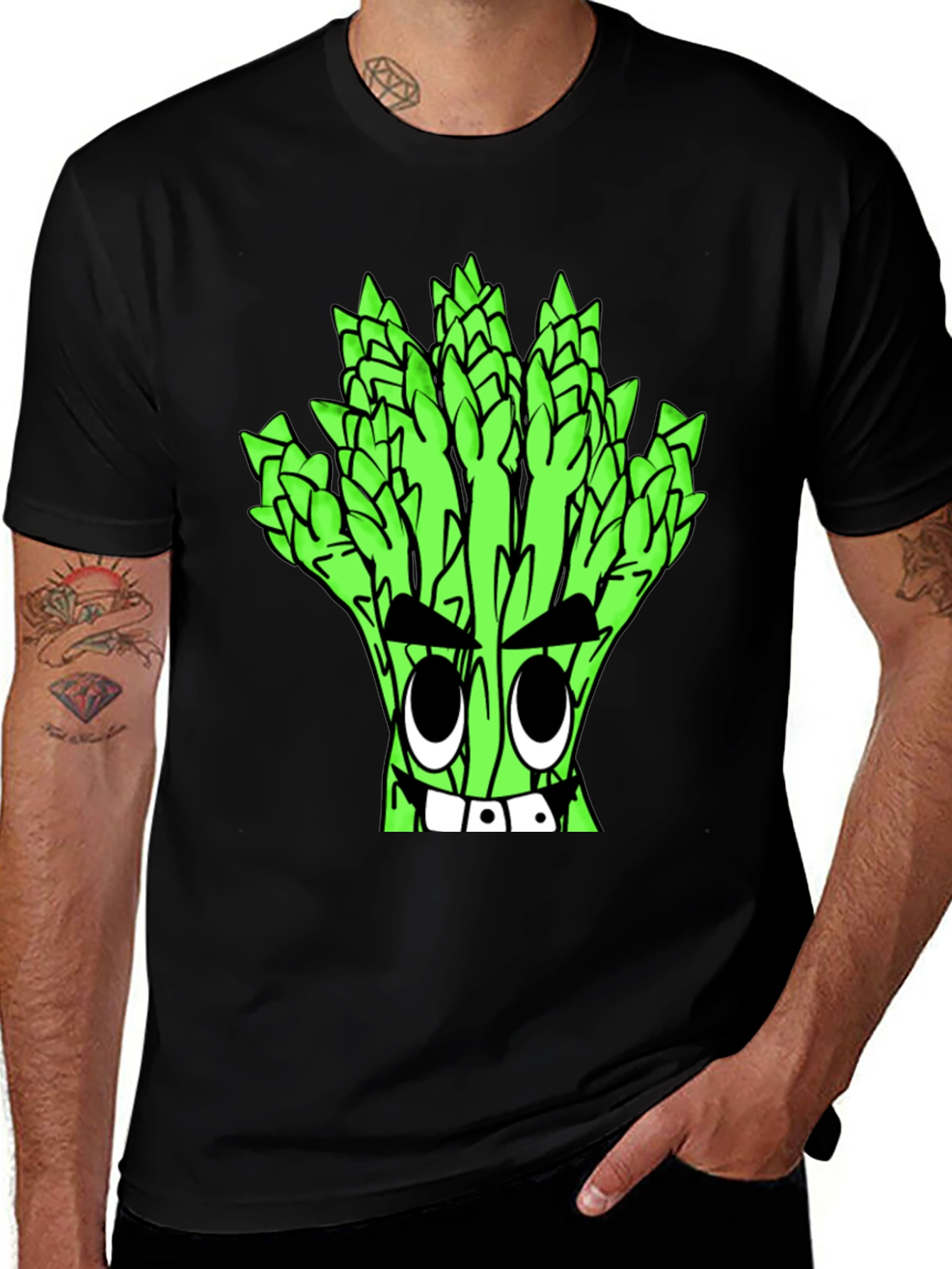 Asparagus Cartoon Graphic Tee - Quirky Black T-Shirt