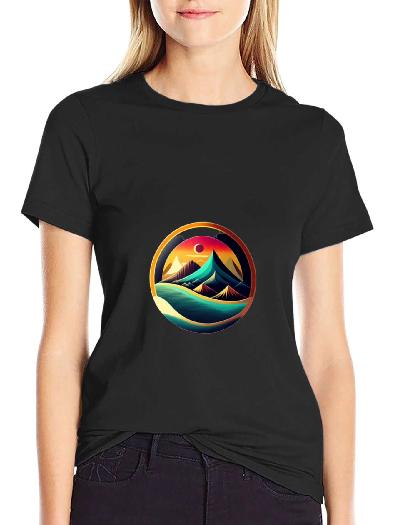 Mountain Horizon Graphic Tee - Black Cotton Casual Shirt